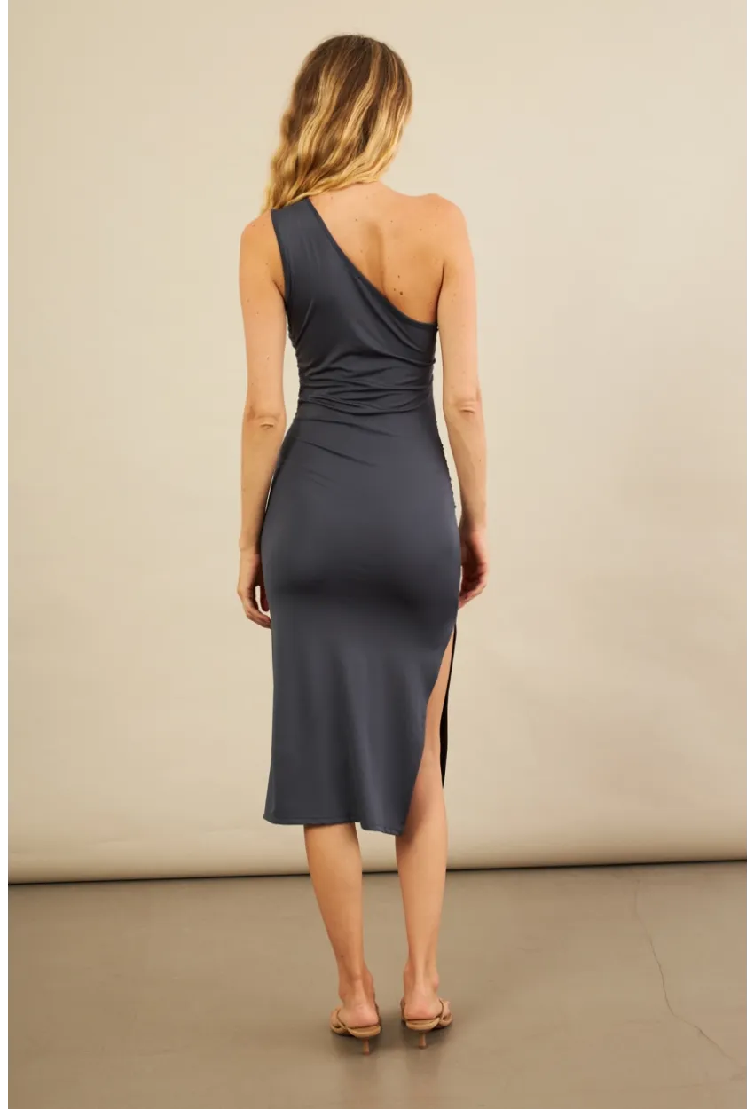 Kadın İndigo Büzgülü Tek Omuz Midi Elbise YEL221676