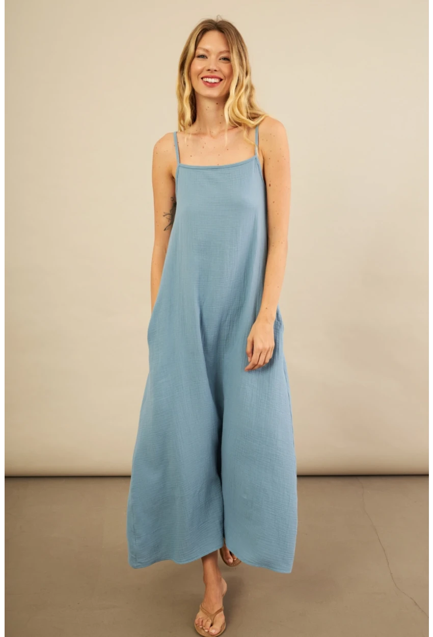 Kadın İndigo Cepli İp Askılı Midi Müslin Elbise BTY100