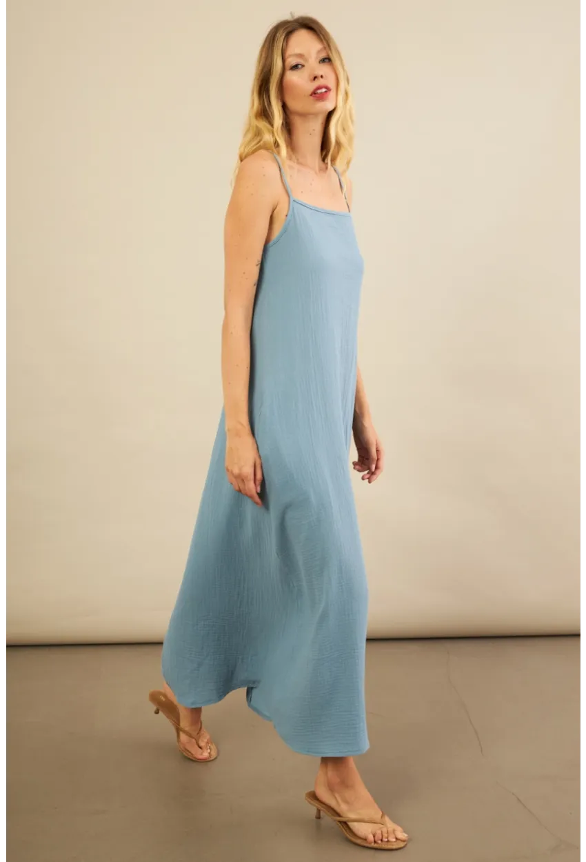 Kadın İndigo Cepli İp Askılı Midi Müslin Elbise BTY100