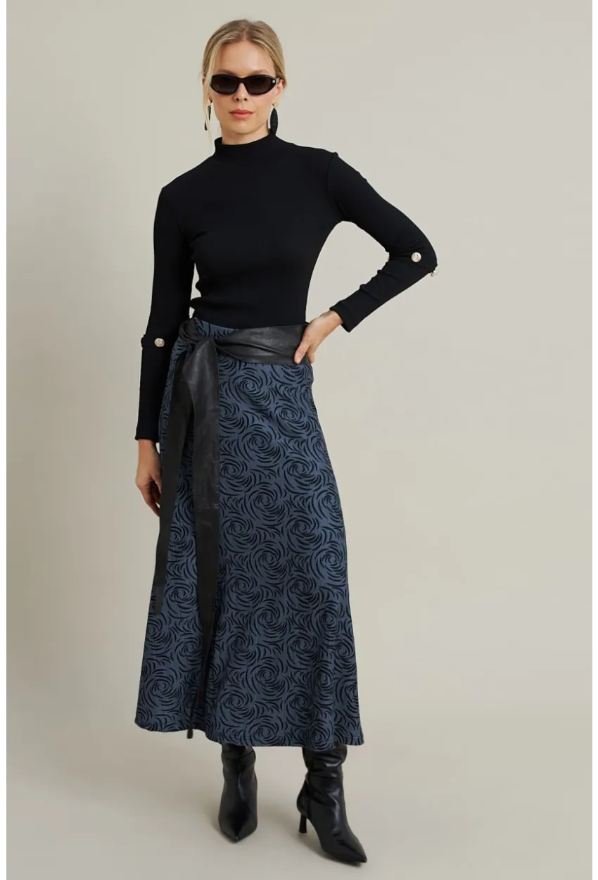 Kadın İndigo Desenli Çan Etek LON3007