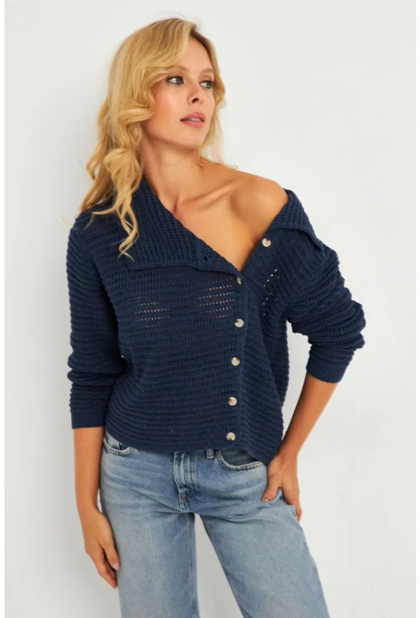 Kadın İndigo Geniş Yakalı Triko Hırka MİW4571