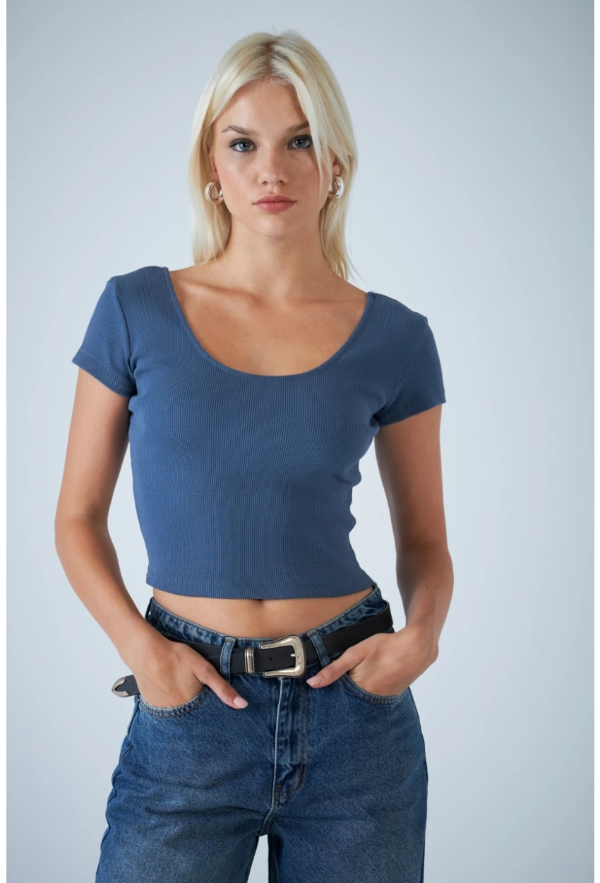 Kadın İndigo Ön Arka U Bluz EV57