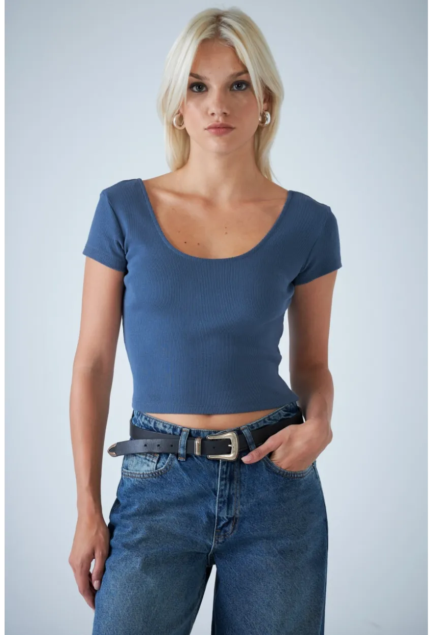 Kadın İndigo Ön Arka U Bluz EV57