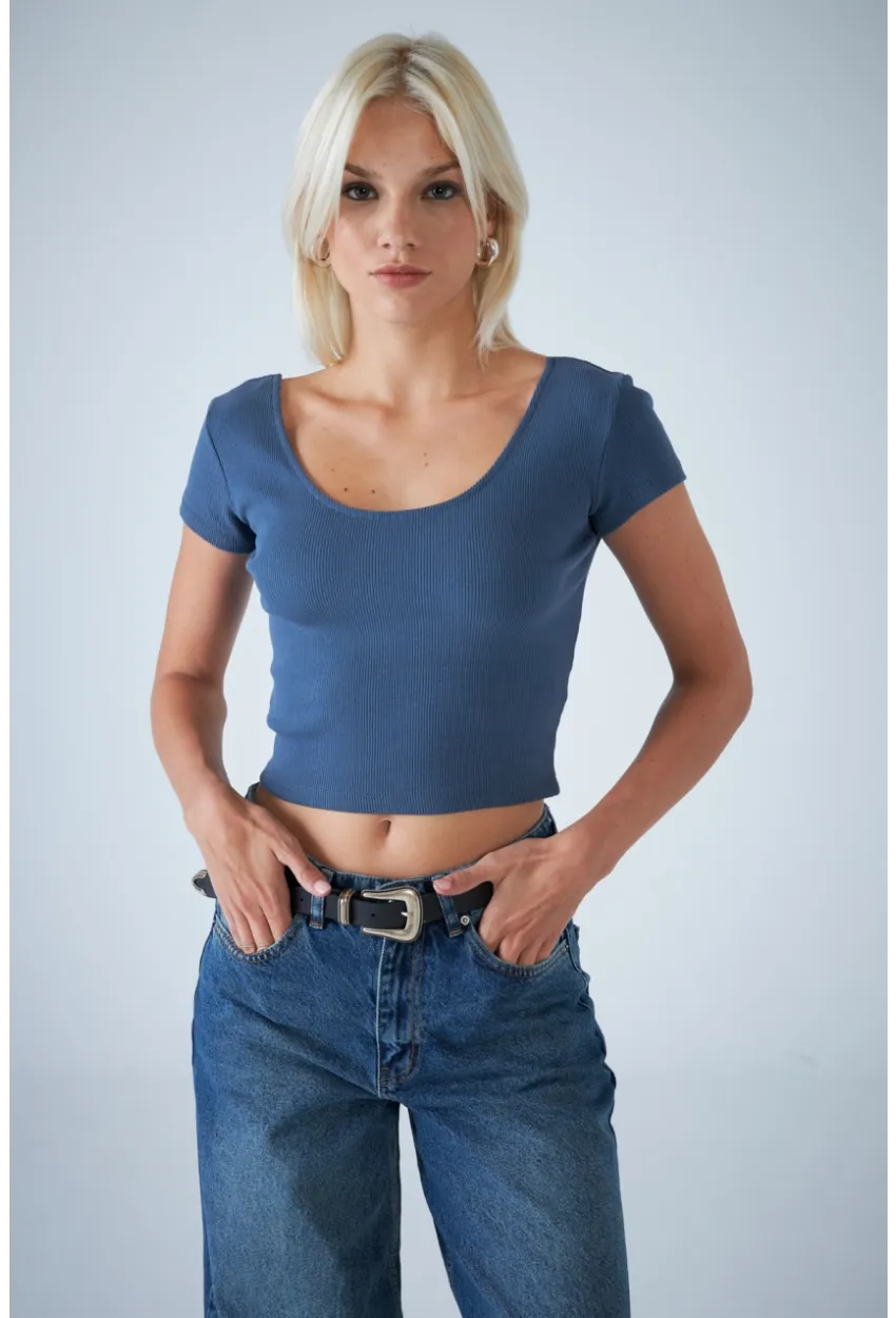 Kadın İndigo Ön Arka U Bluz EV57