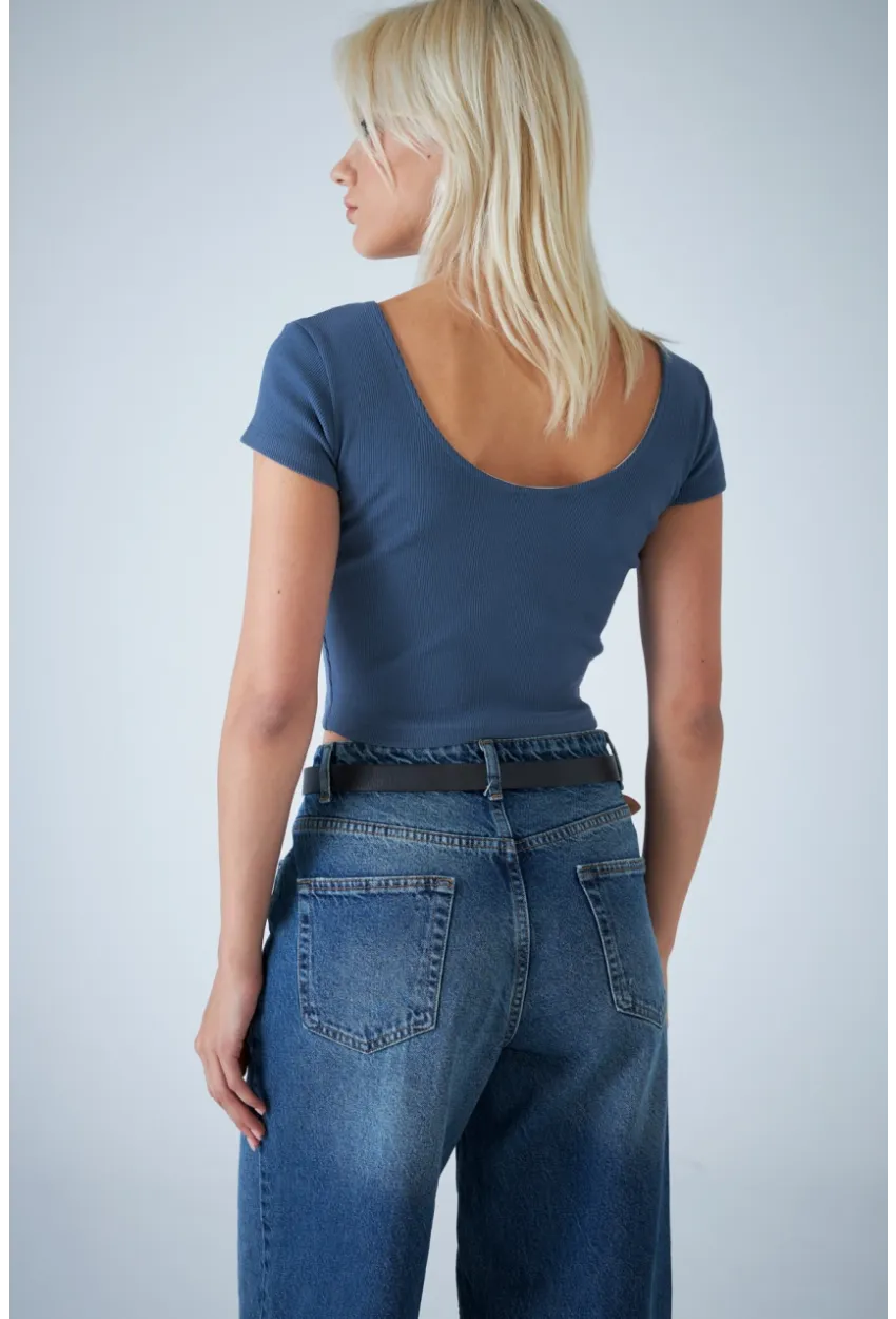 Kadın İndigo Ön Arka U Bluz EV57