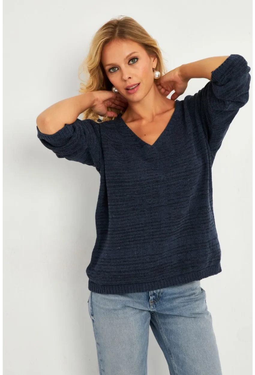 Kadın İndigo V Yaka Triko Bluz YV282