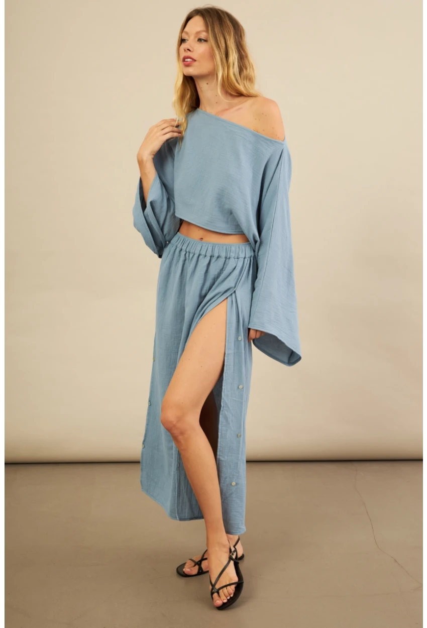 Kadın İndigo Yarasa Kol Crop Müslin Etek Takım BTY104
