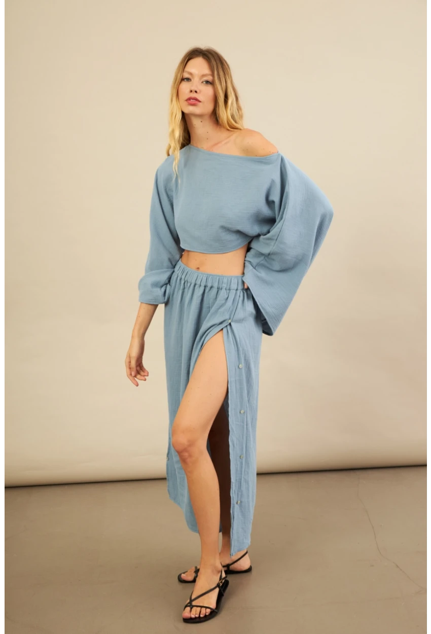 Kadın İndigo Yarasa Kol Crop Müslin Etek Takım BTY104