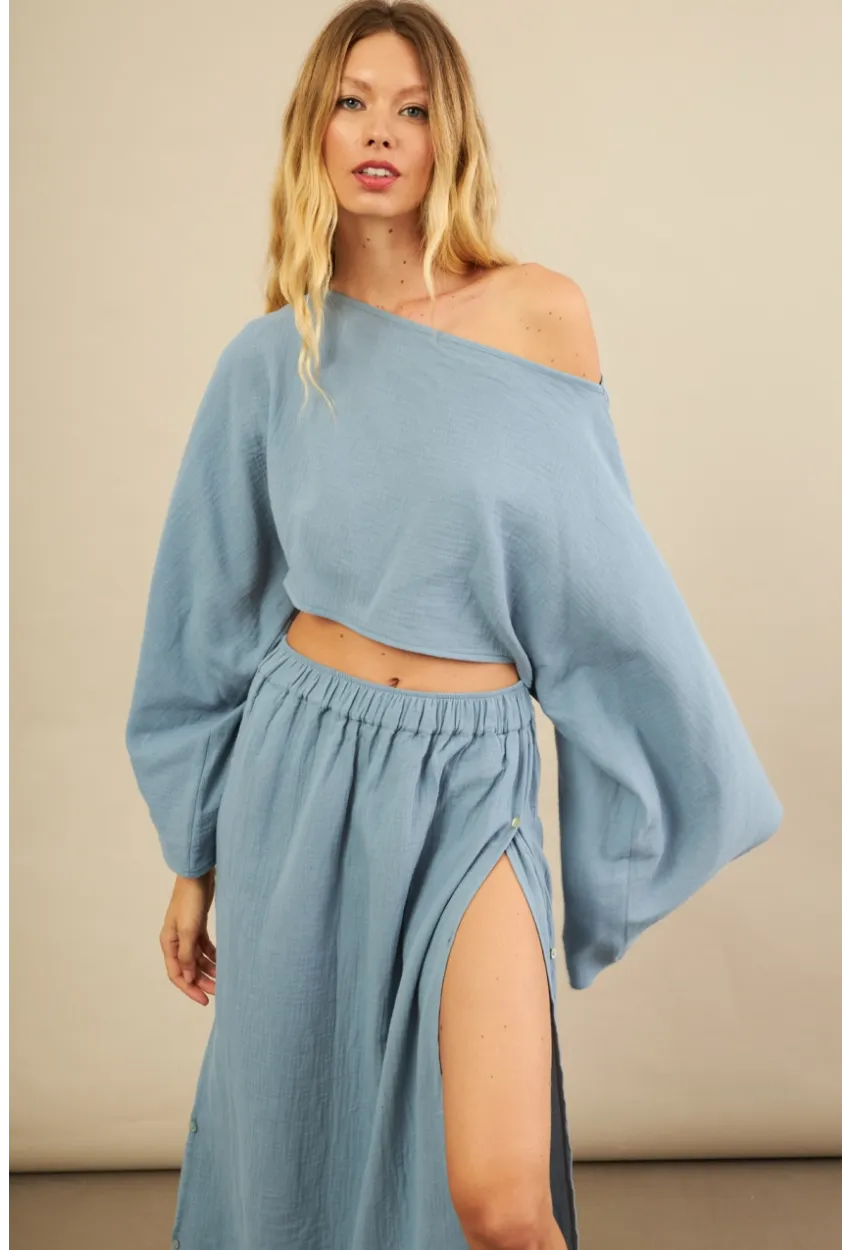 Kadın İndigo Yarasa Kol Crop Müslin Etek Takım BTY104
