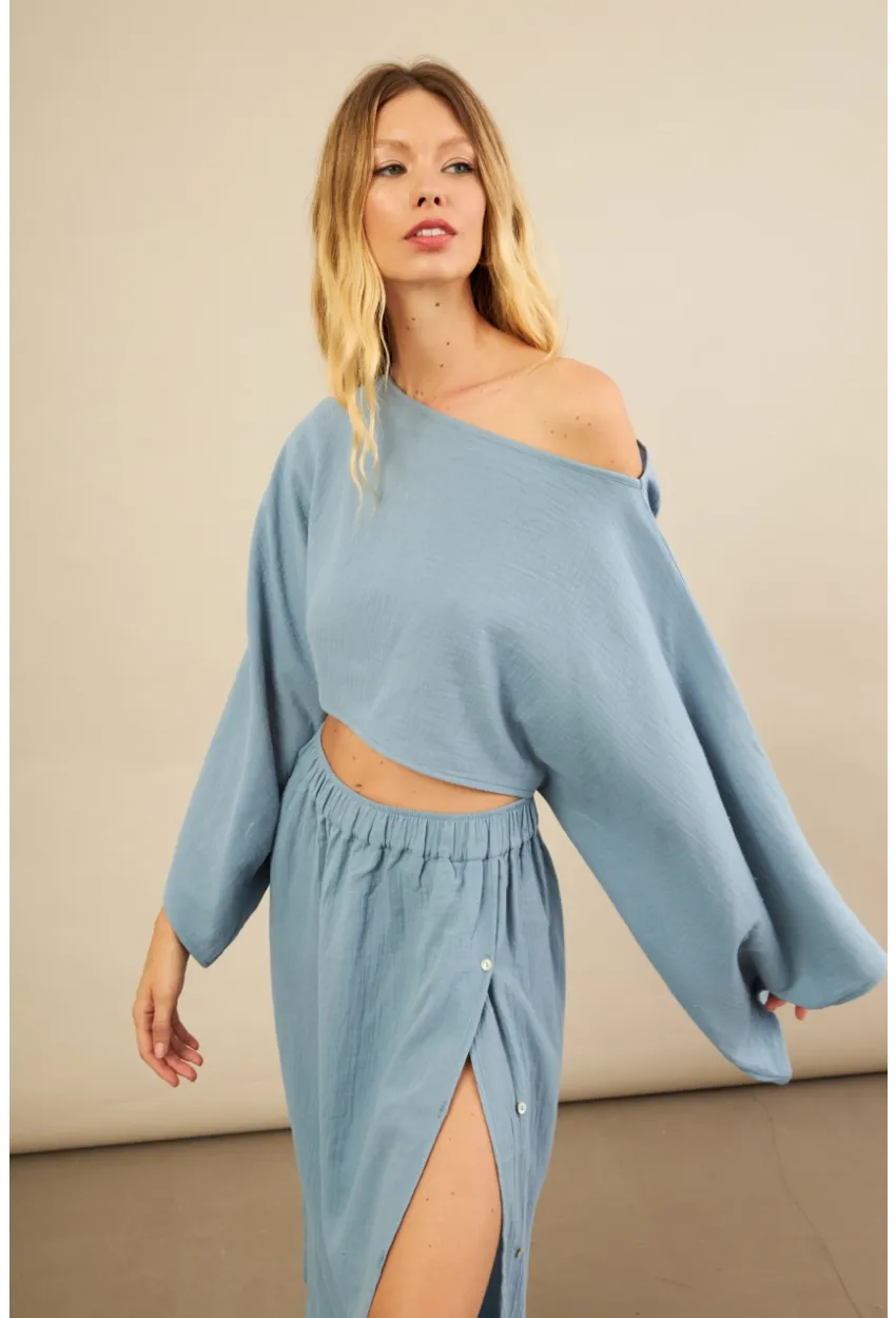 Kadın İndigo Yarasa Kol Crop Müslin Etek Takım BTY104