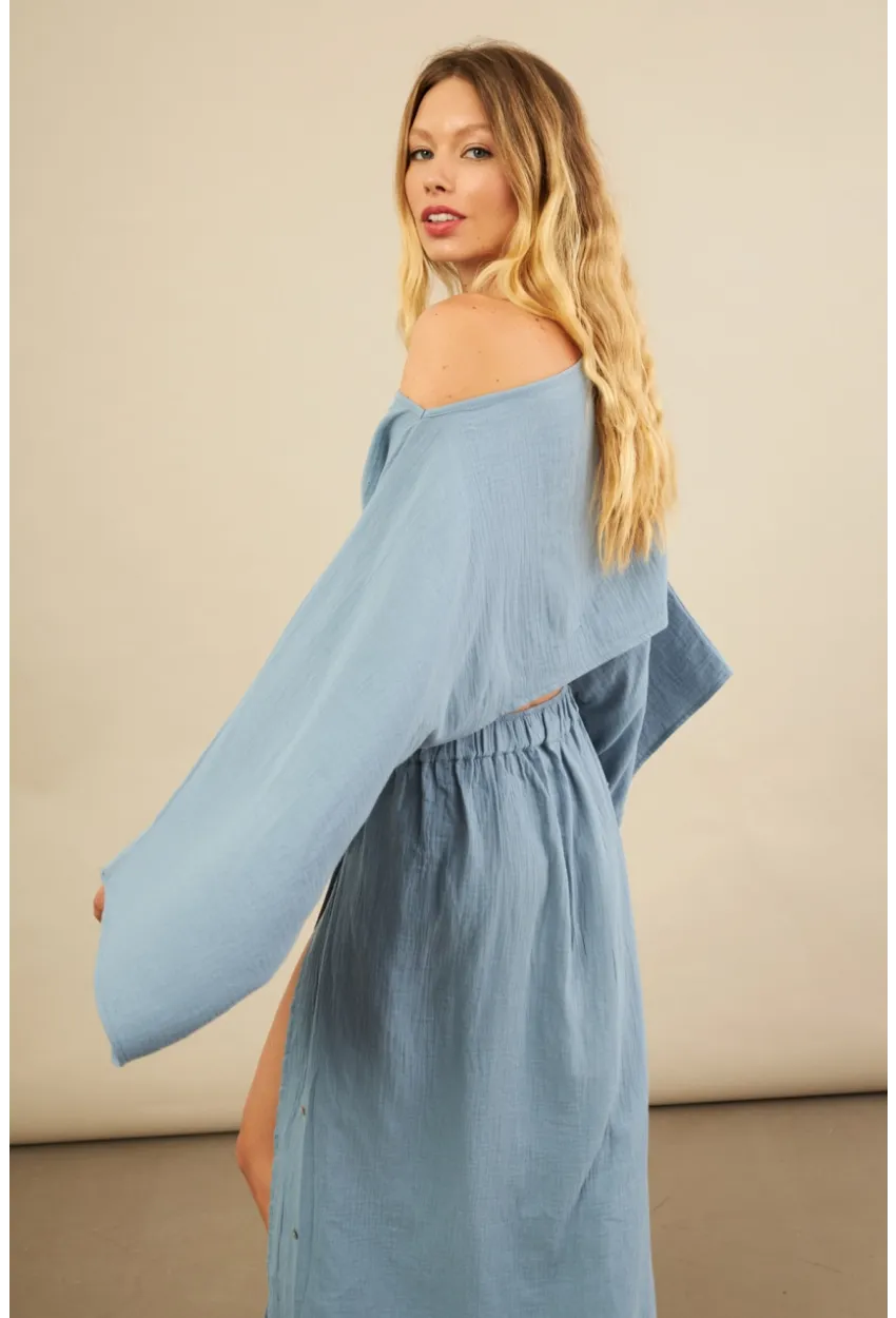 Kadın İndigo Yarasa Kol Crop Müslin Etek Takım BTY104