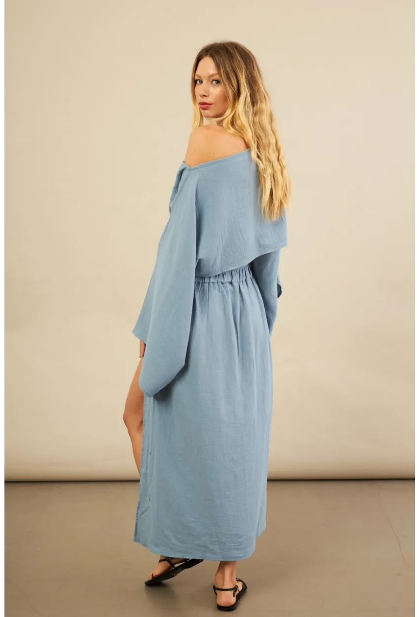 Kadın İndigo Yarasa Kol Crop Müslin Etek Takım BTY104