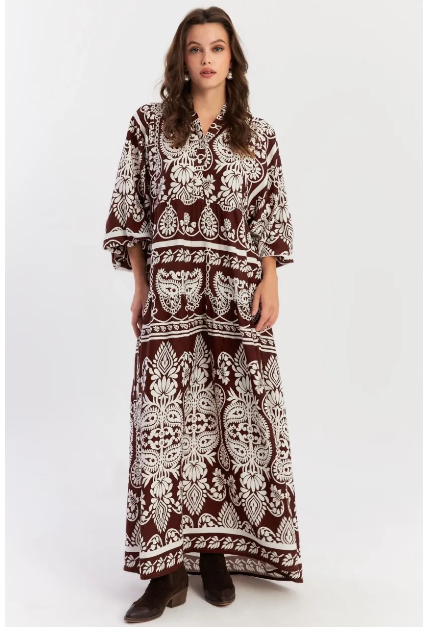 Kadın Kahve-Beyaz Etnik Desenli Maxi Dokuma Elbise ALO325