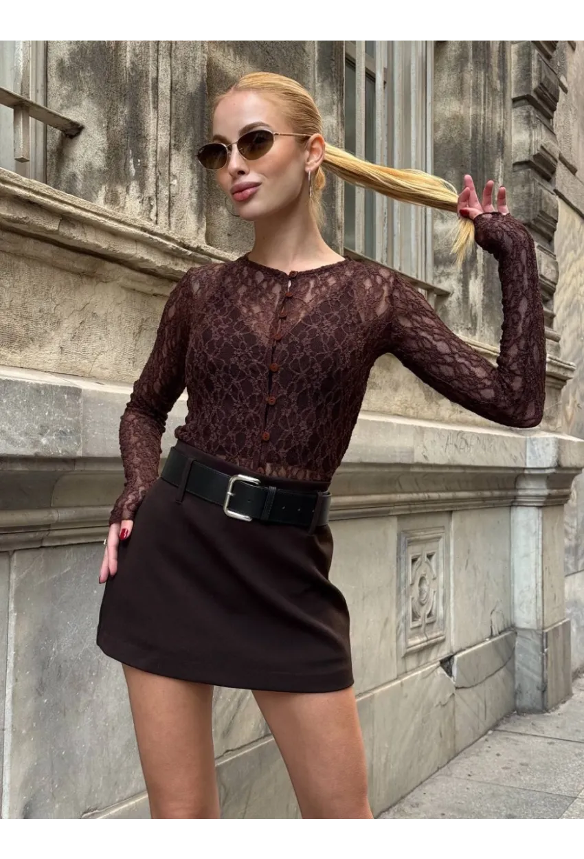 Kadın Kahve Kemerli Şort Etek