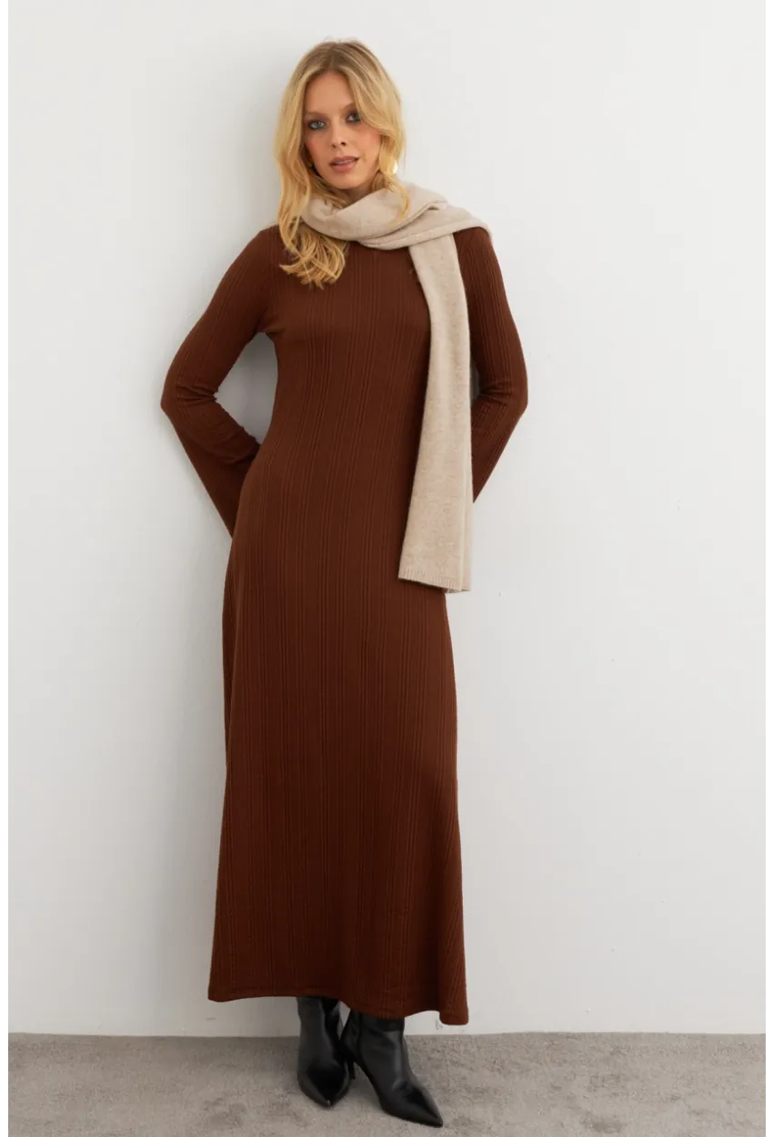 Kadın Kahverengi Basic Maxi Elbise COL30