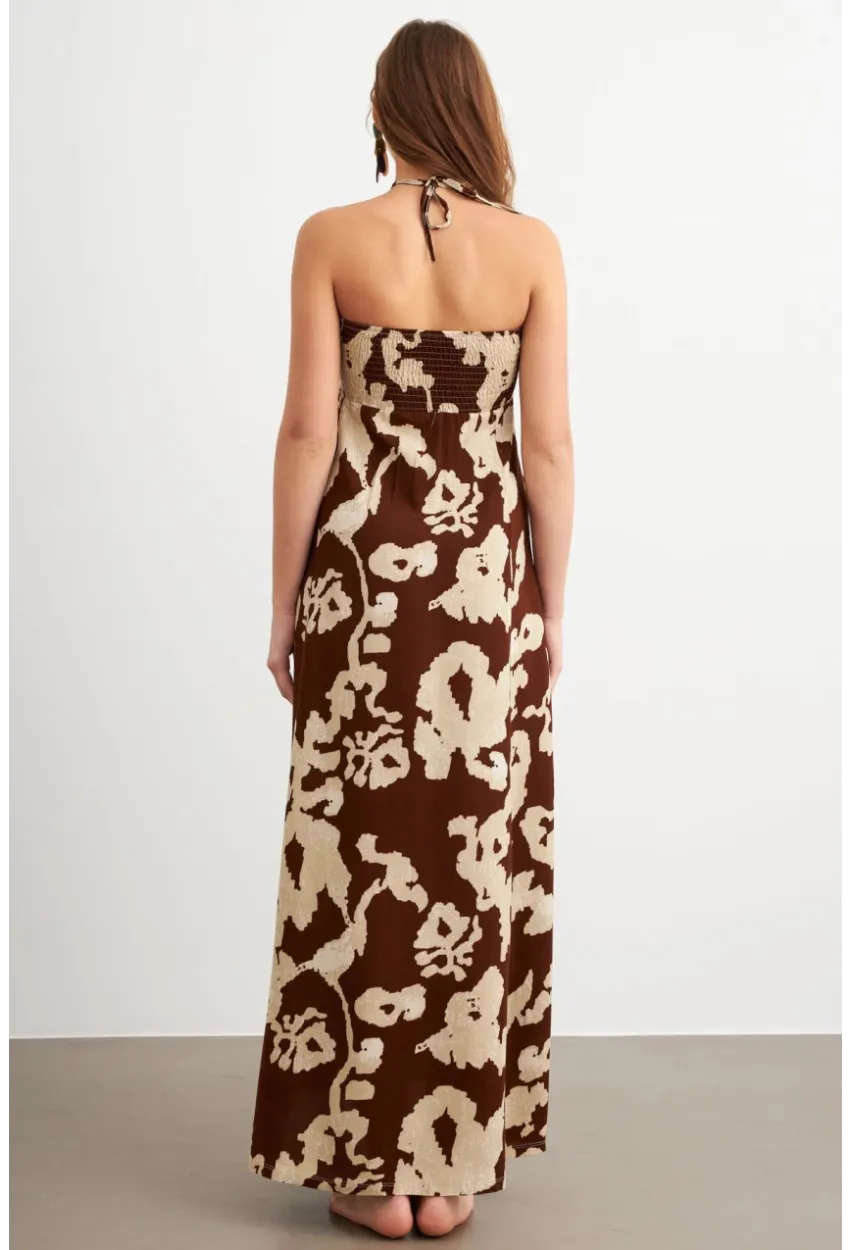 Kadın Kahverengi Büzgülü Desenli Midi Elbise KAB304