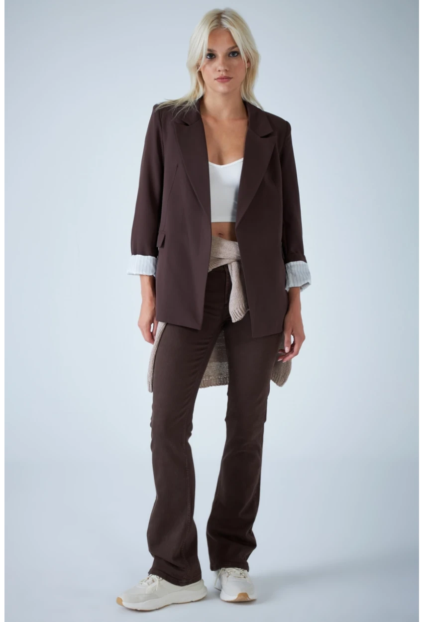 Kadın Kahverengi Çizgi Astarlı Blazer Ceket BES3049