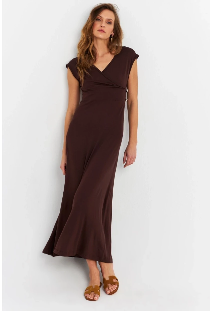 Kadın Kahverengi Düğme Detaylı Kruvaze Midi Elbise EY0011