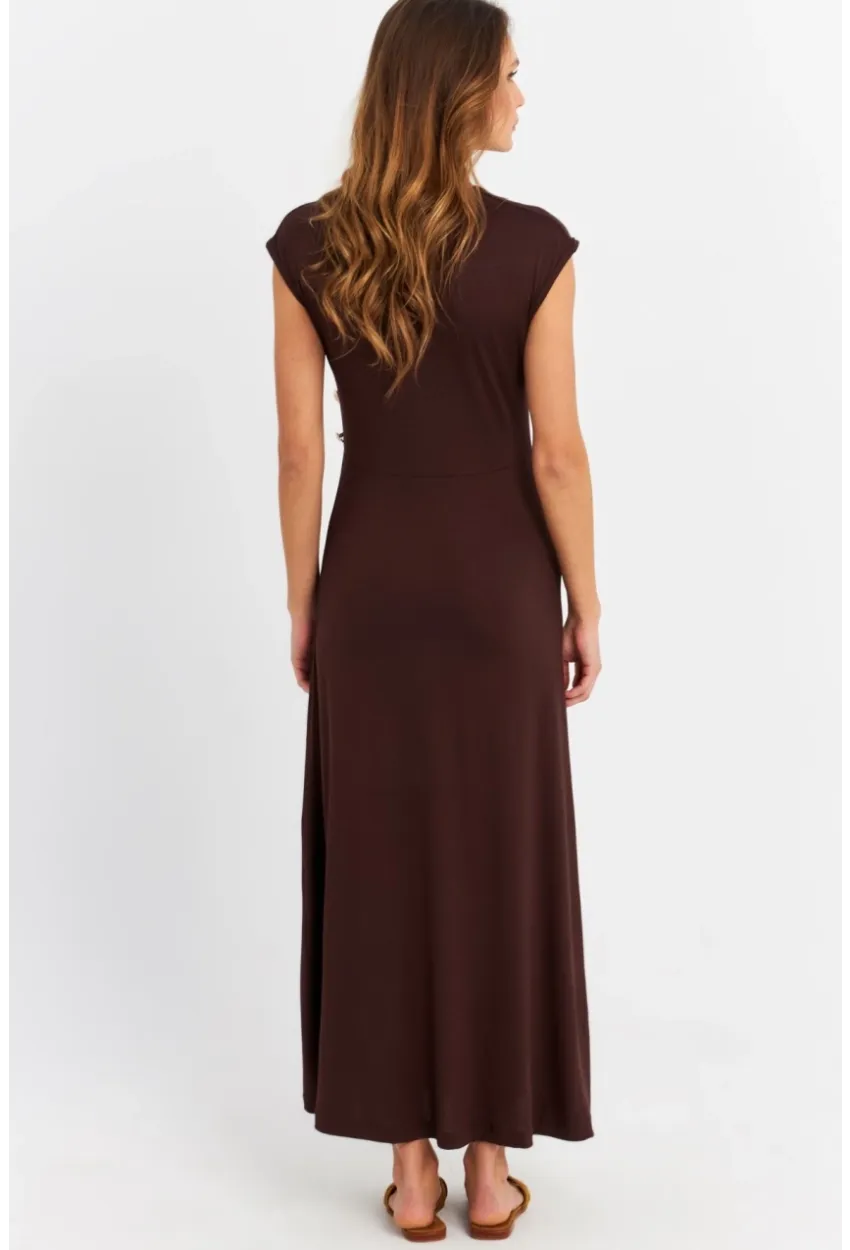 Kadın Kahverengi Düğme Detaylı Kruvaze Midi Elbise EY0011