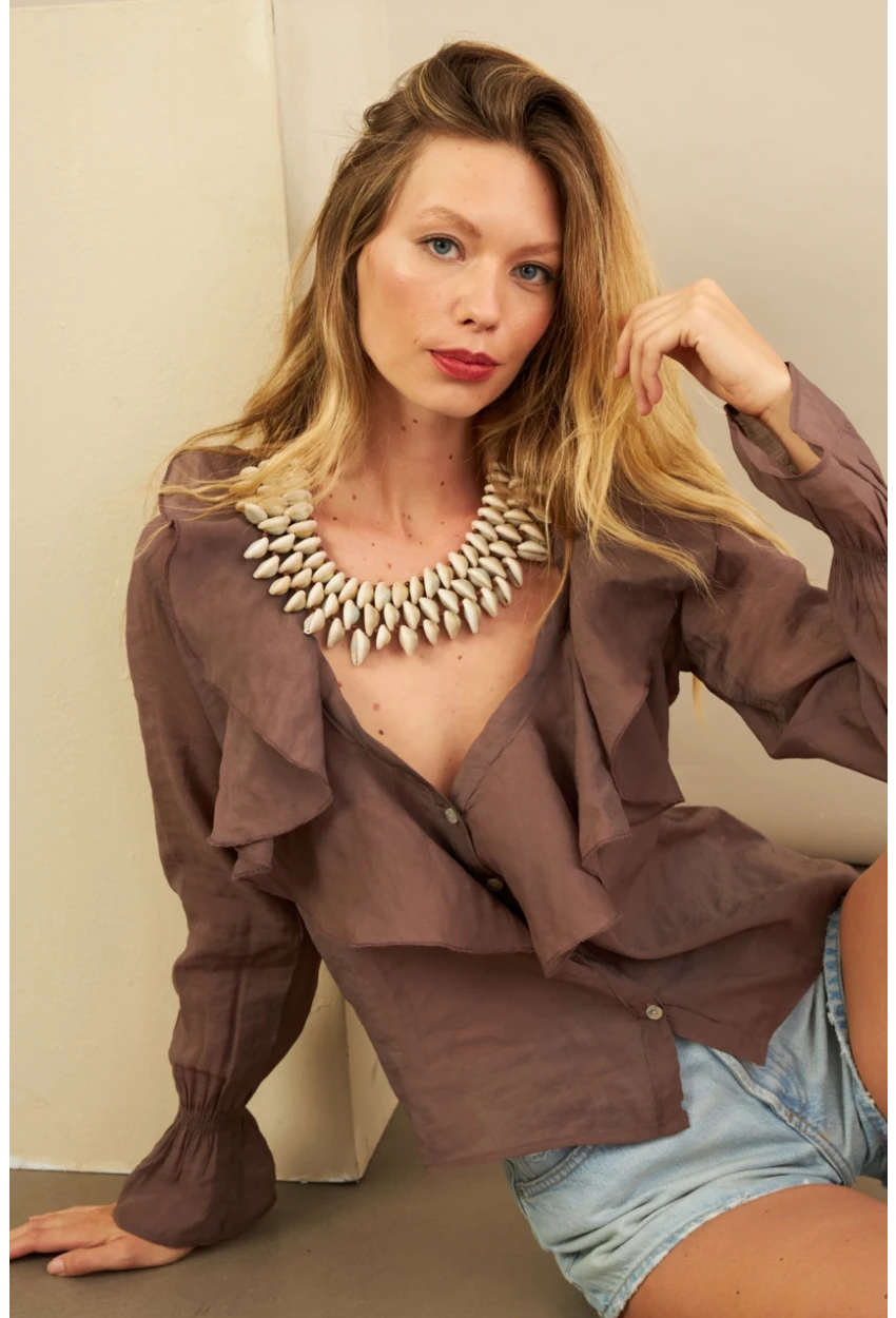 Kadın Kahverengi Fırfırlı Gömlek DMR487
