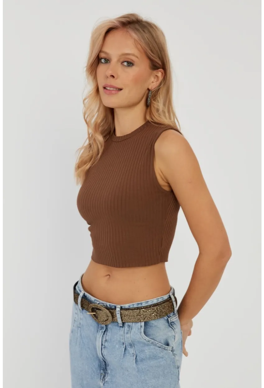 Kadın Kahverengi Fitilli Crop Bluz LPP1262
