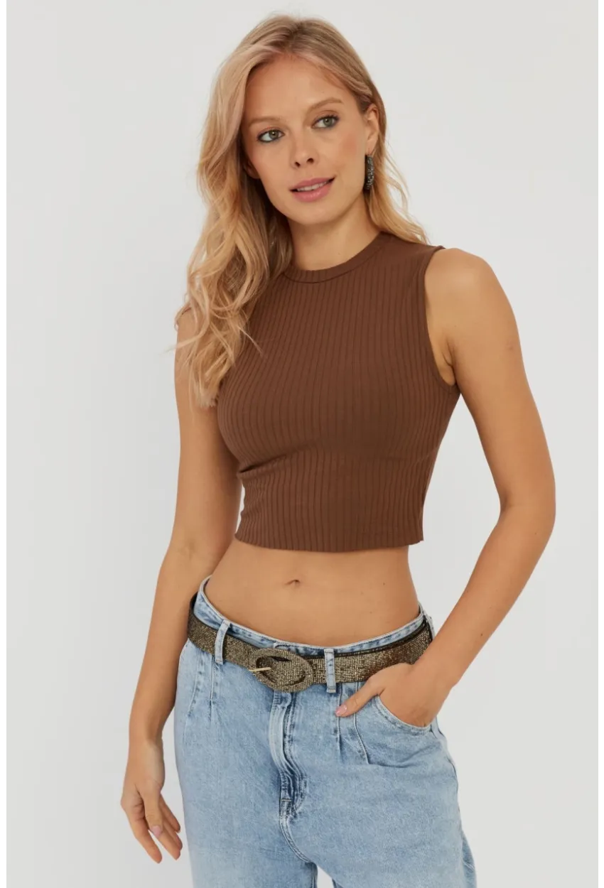 Kadın Kahverengi Fitilli Crop Bluz LPP1262