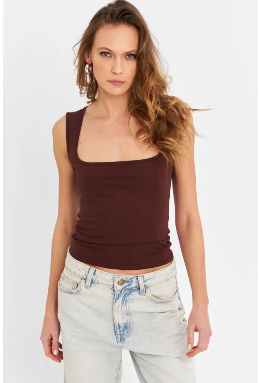 Kadın Kahverengi Kare Yaka Bluz TF64