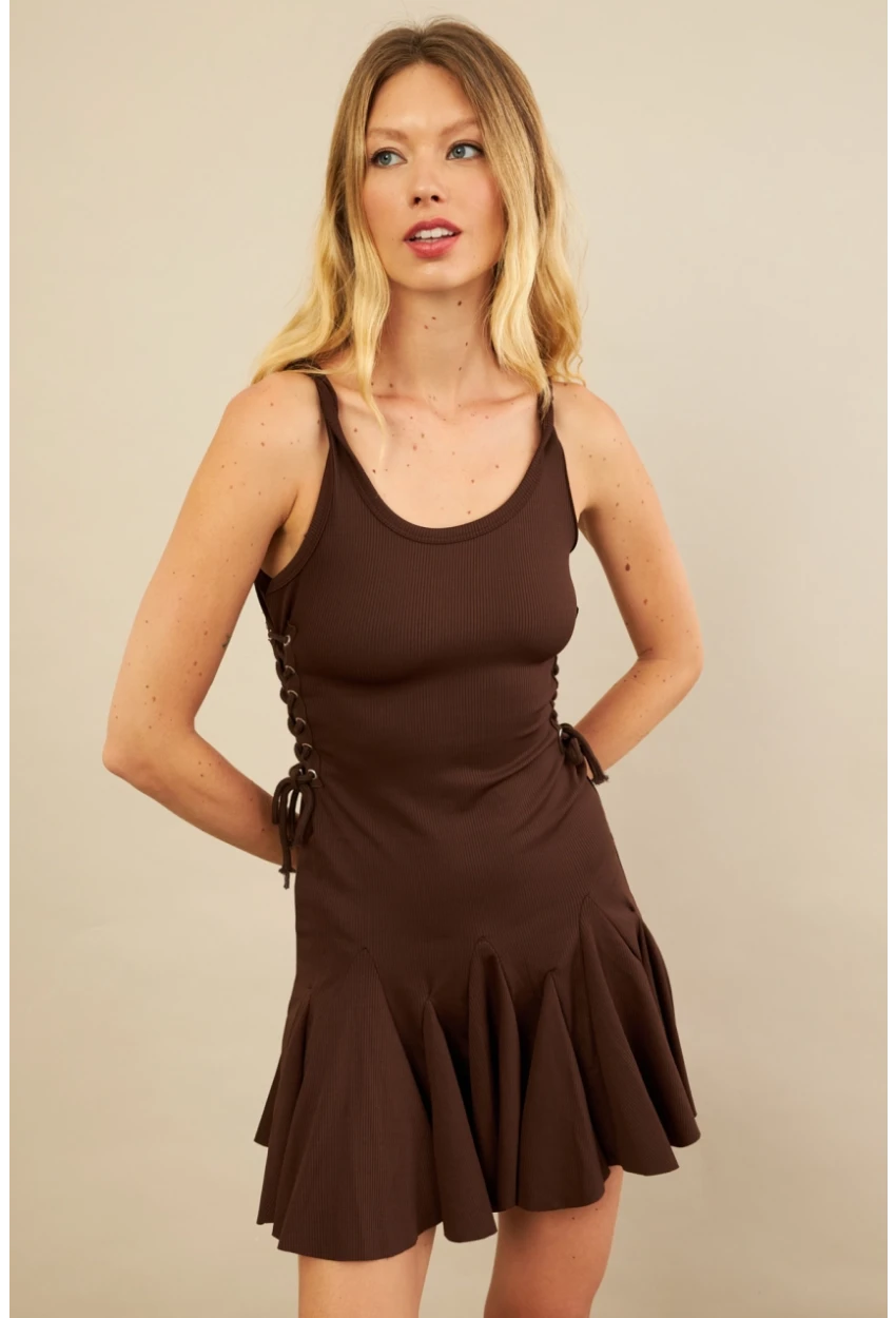 Kadın Kahverengi Kuş Gözlü Fırfırlı Midi Elbise YEL221710