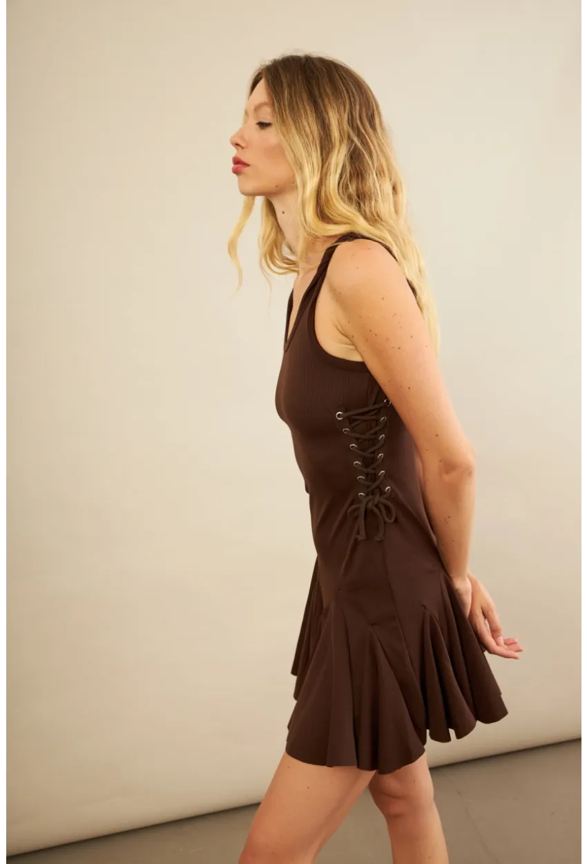 Kadın Kahverengi Kuş Gözlü Fırfırlı Midi Elbise YEL221710