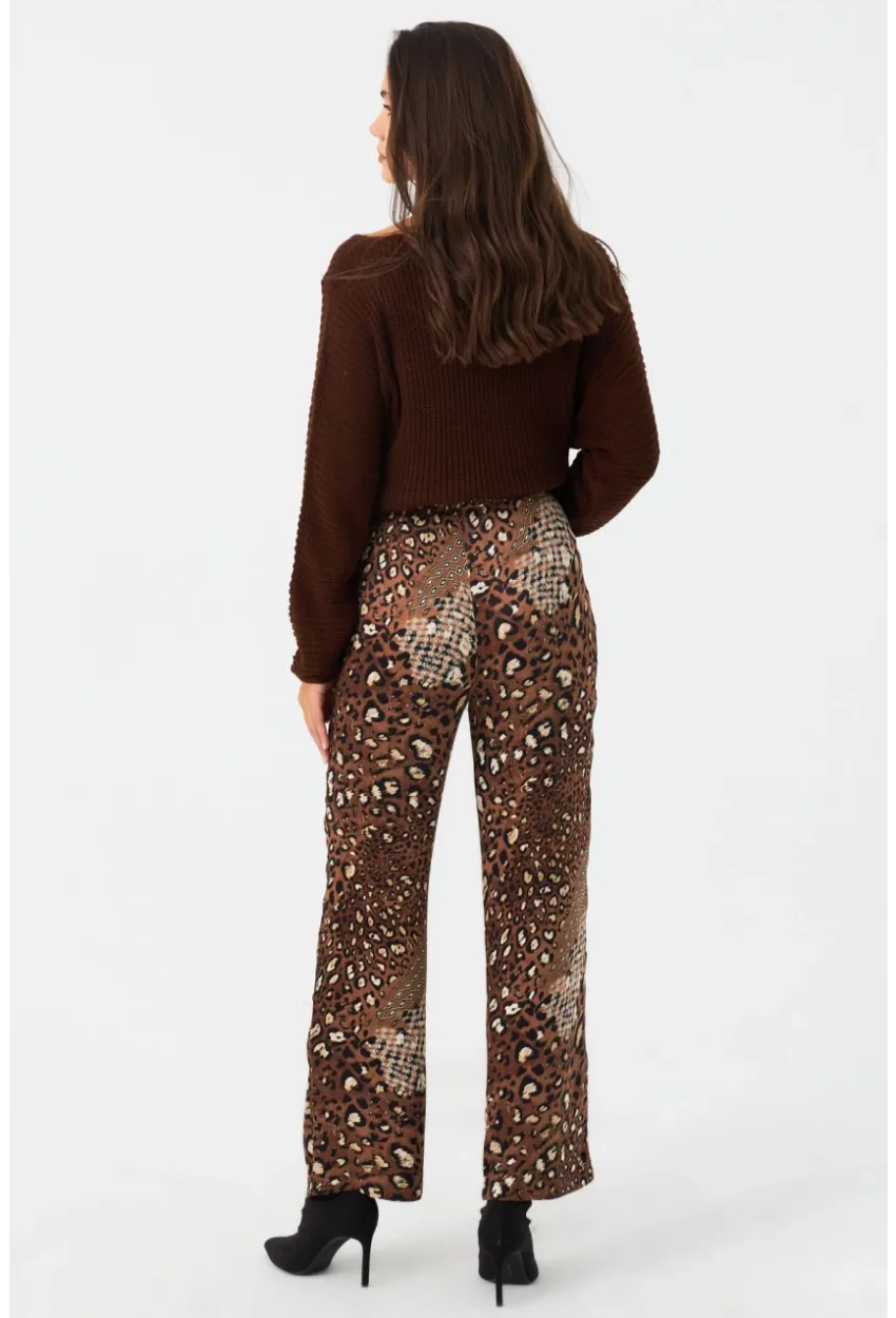 Kadın Kahverengi Leopar Desenli Saten Pantolon CAR1069