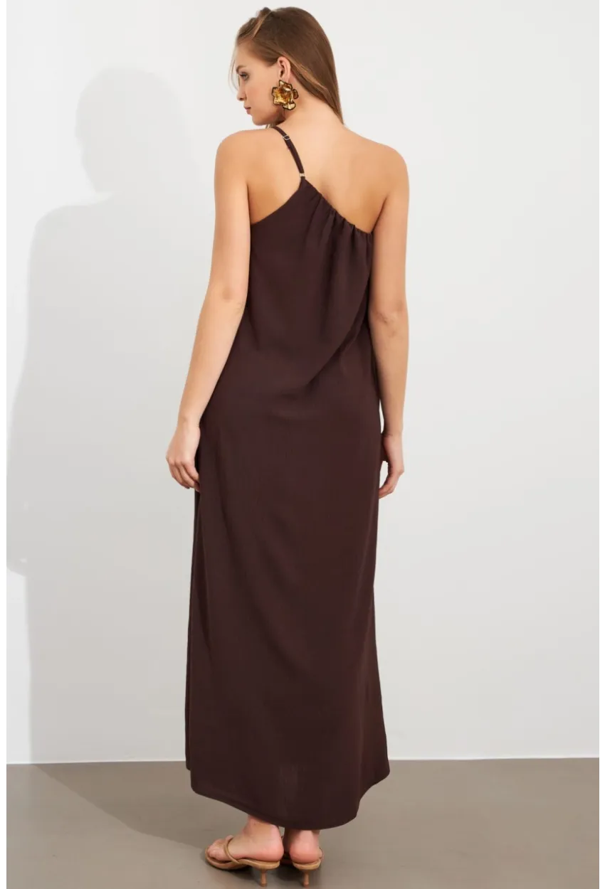 Kadın Kahverengi Tek Omuz Maxi Elbise İRE1012