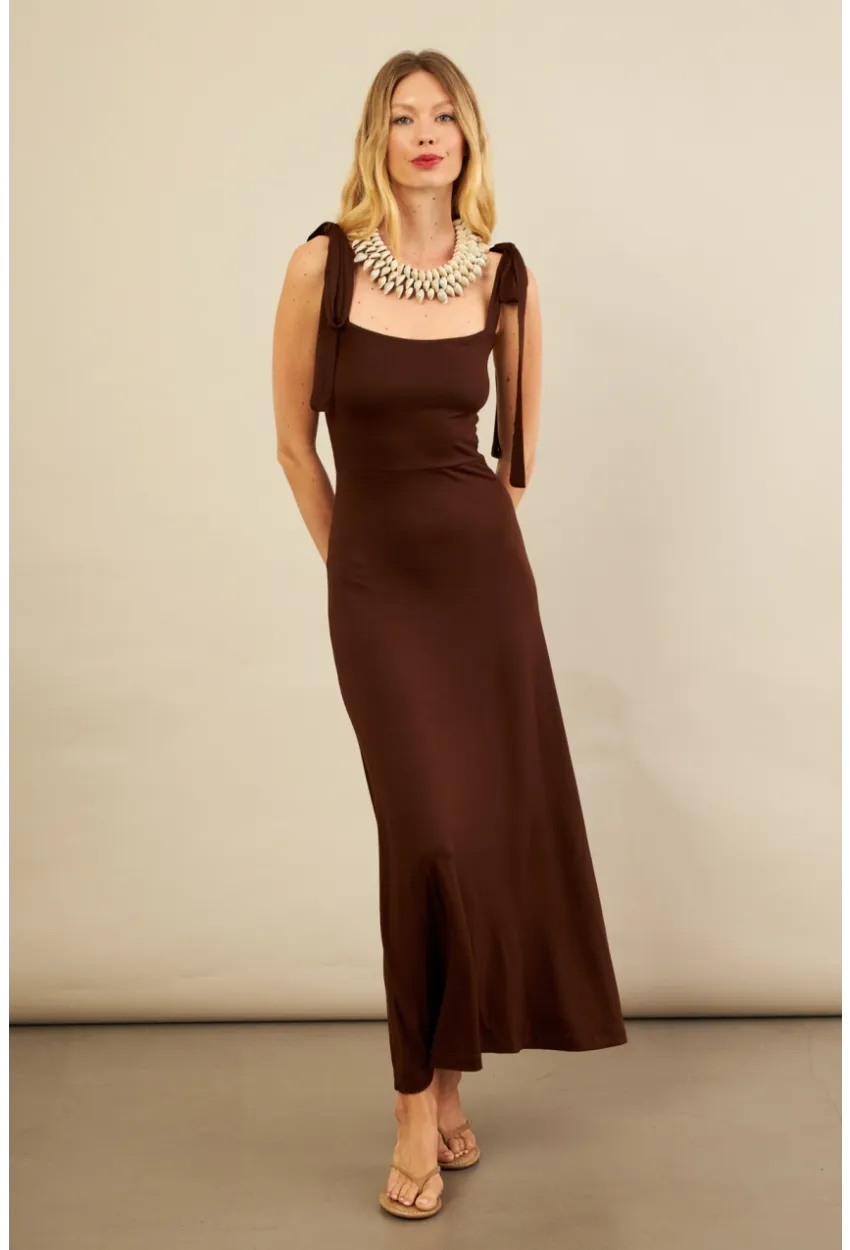 Kadın Kahverengi Omuz Fiyonklu Midi Elbise EY3119
