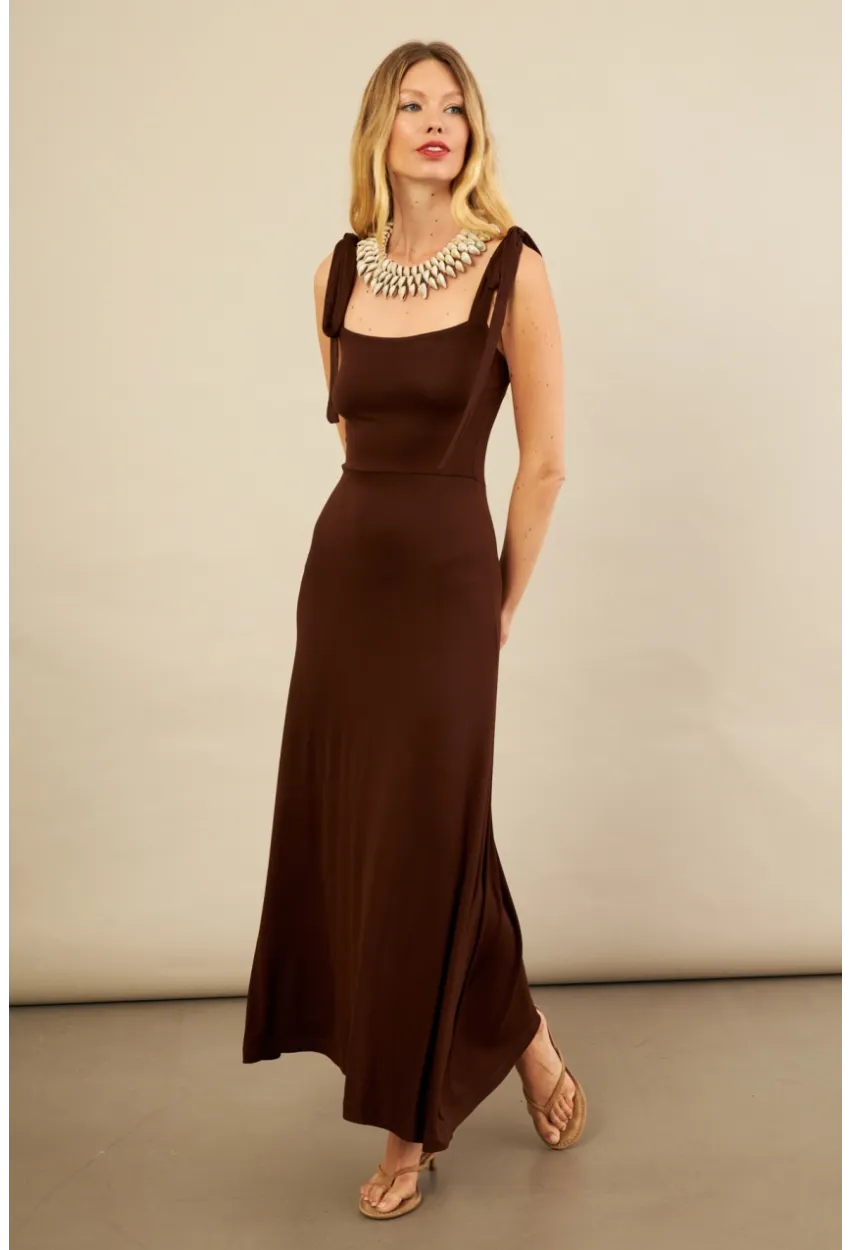 Kadın Kahverengi Omuz Fiyonklu Midi Elbise EY3119