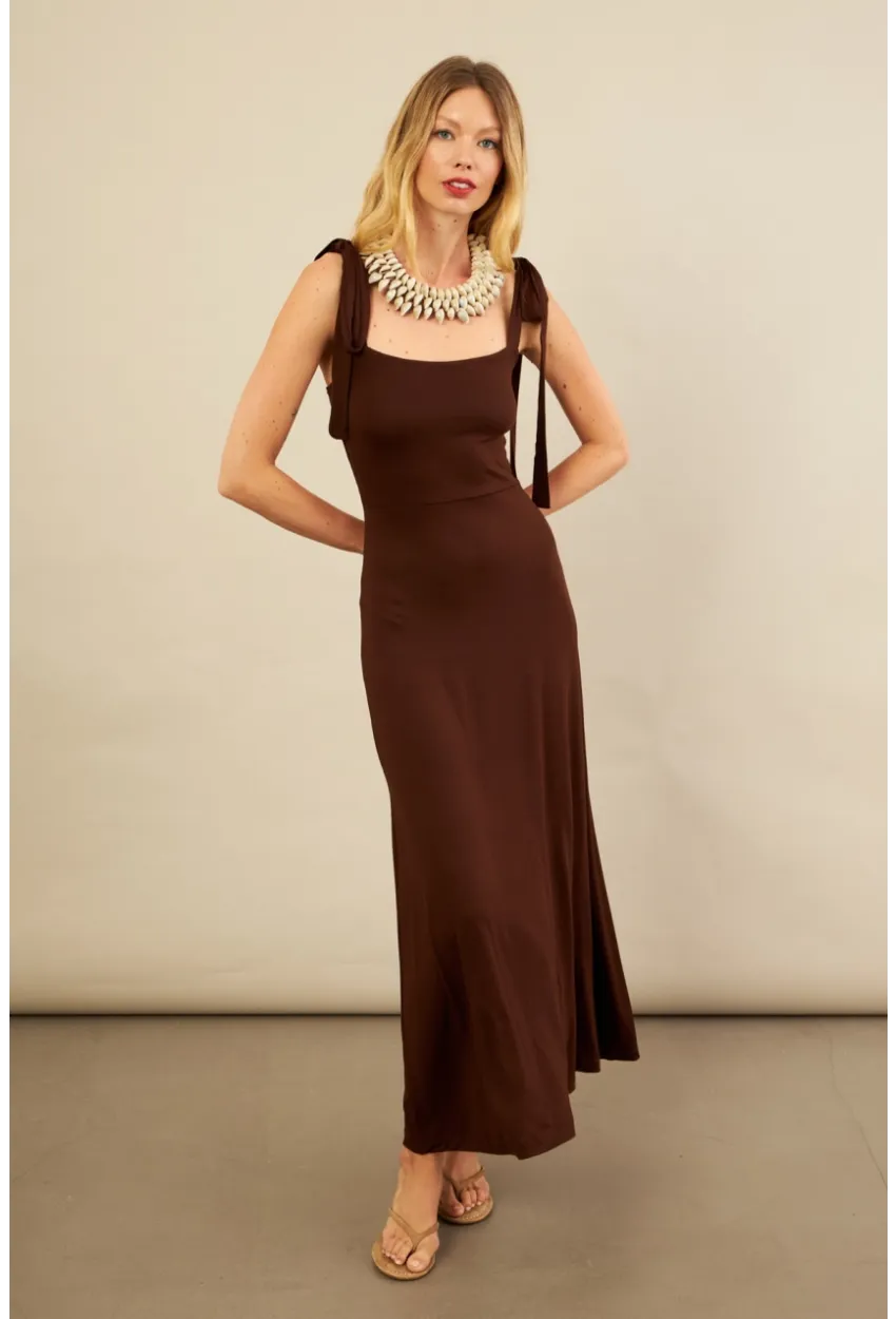 Kadın Kahverengi Omuz Fiyonklu Midi Elbise EY3119