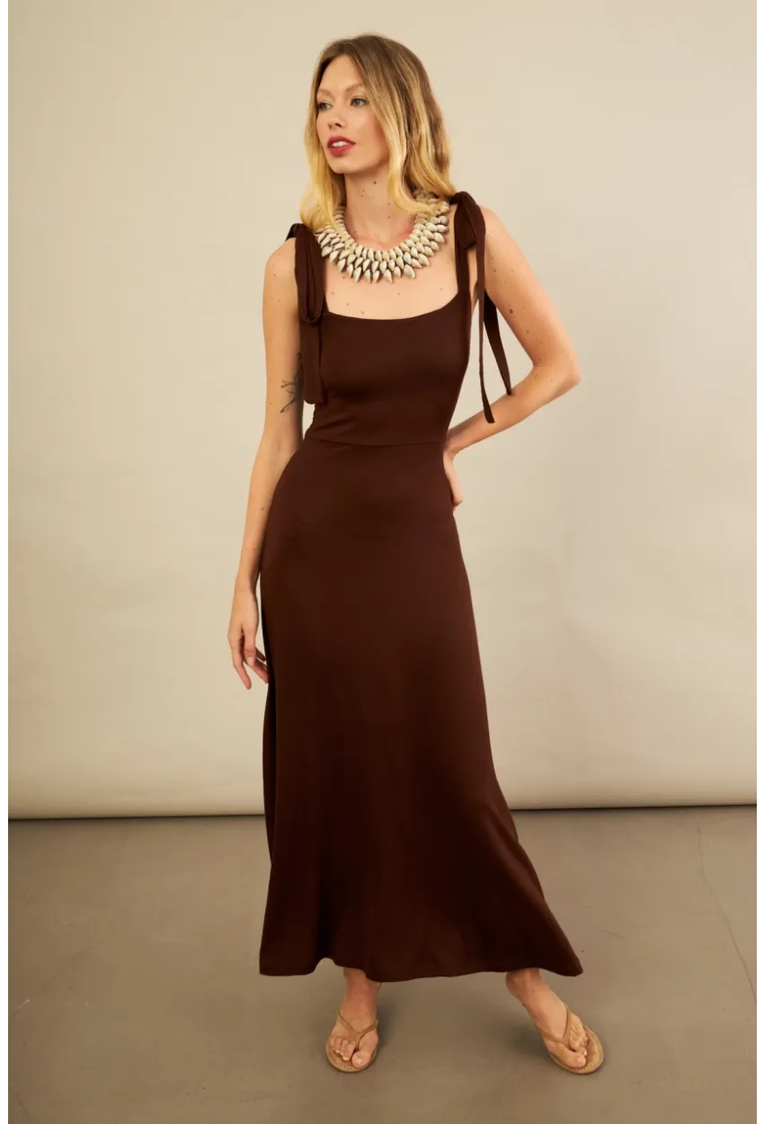 Kadın Kahverengi Omuz Fiyonklu Midi Elbise EY3119