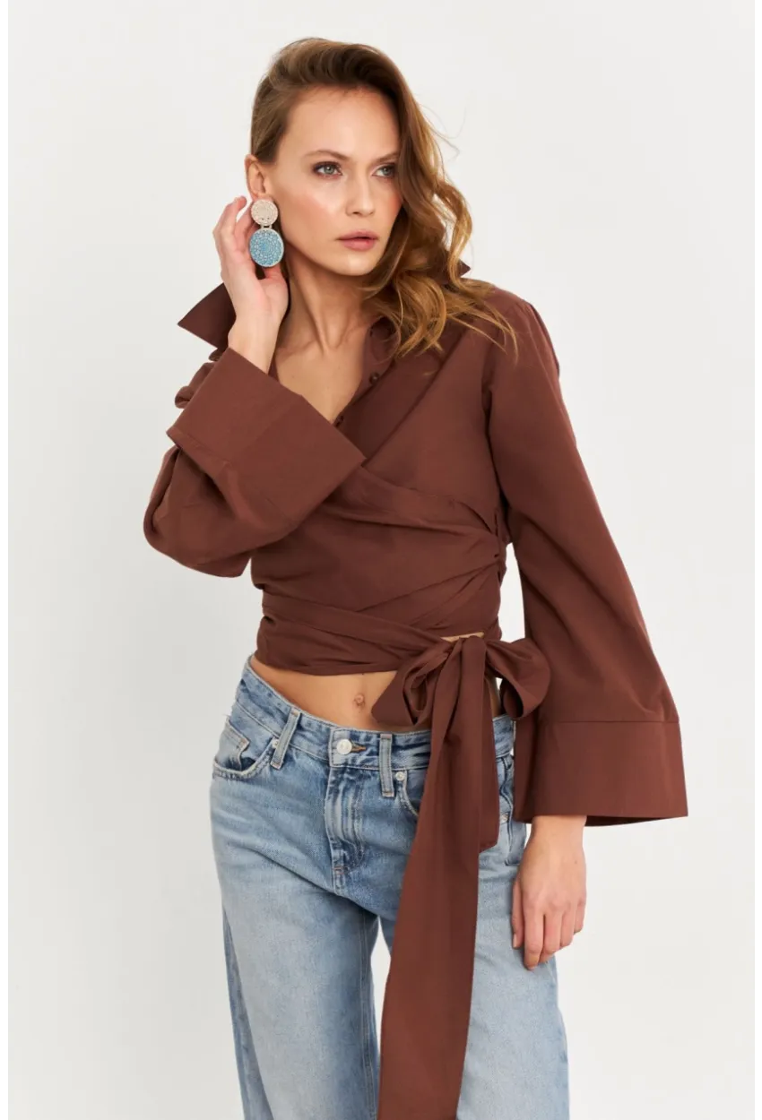 Kadın Kahverengi Önü Bağlamalı İspanyol Kol Gömlek MON142