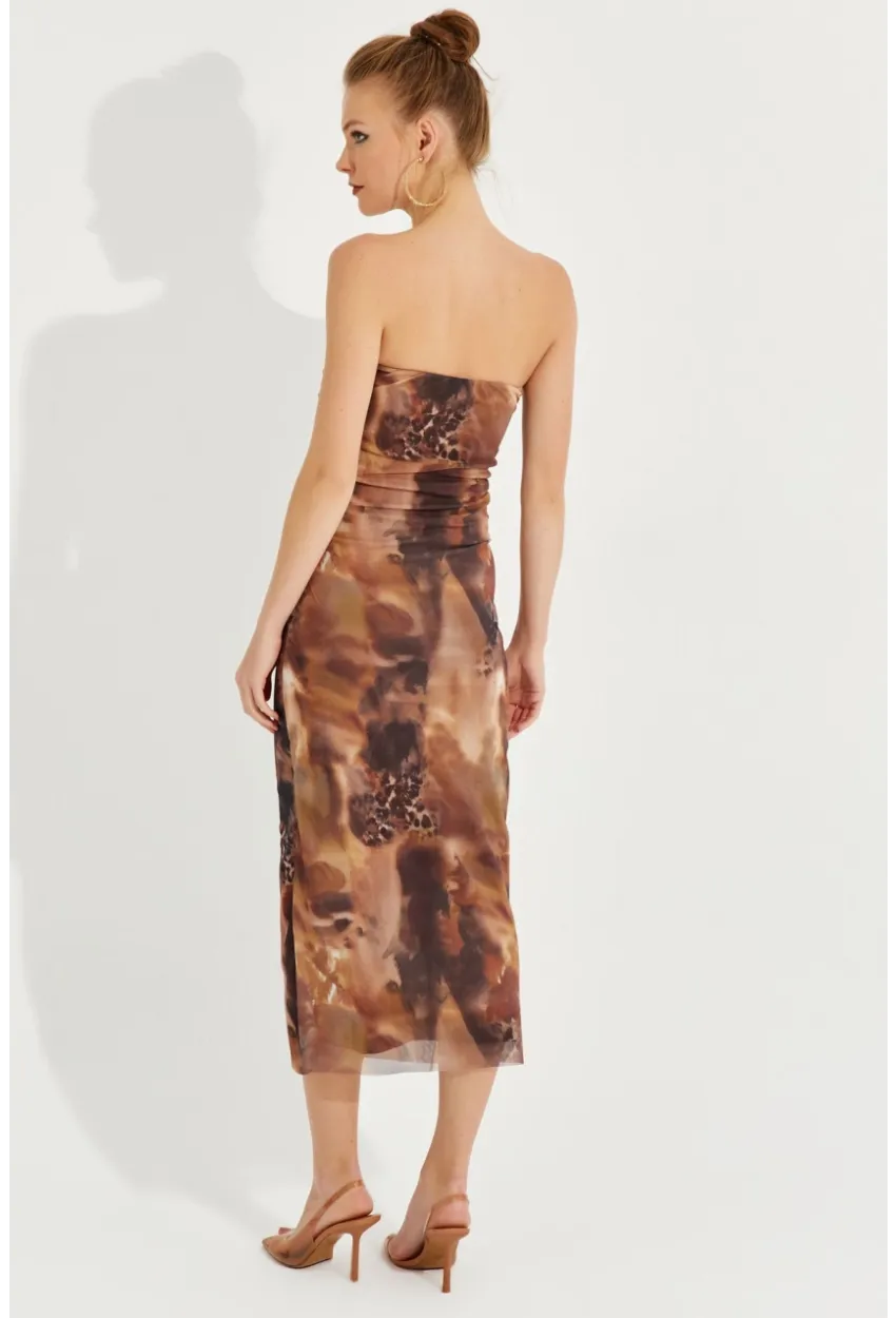 Kadın Kahverengi Straplez Midi Tül Elbise YEL221309