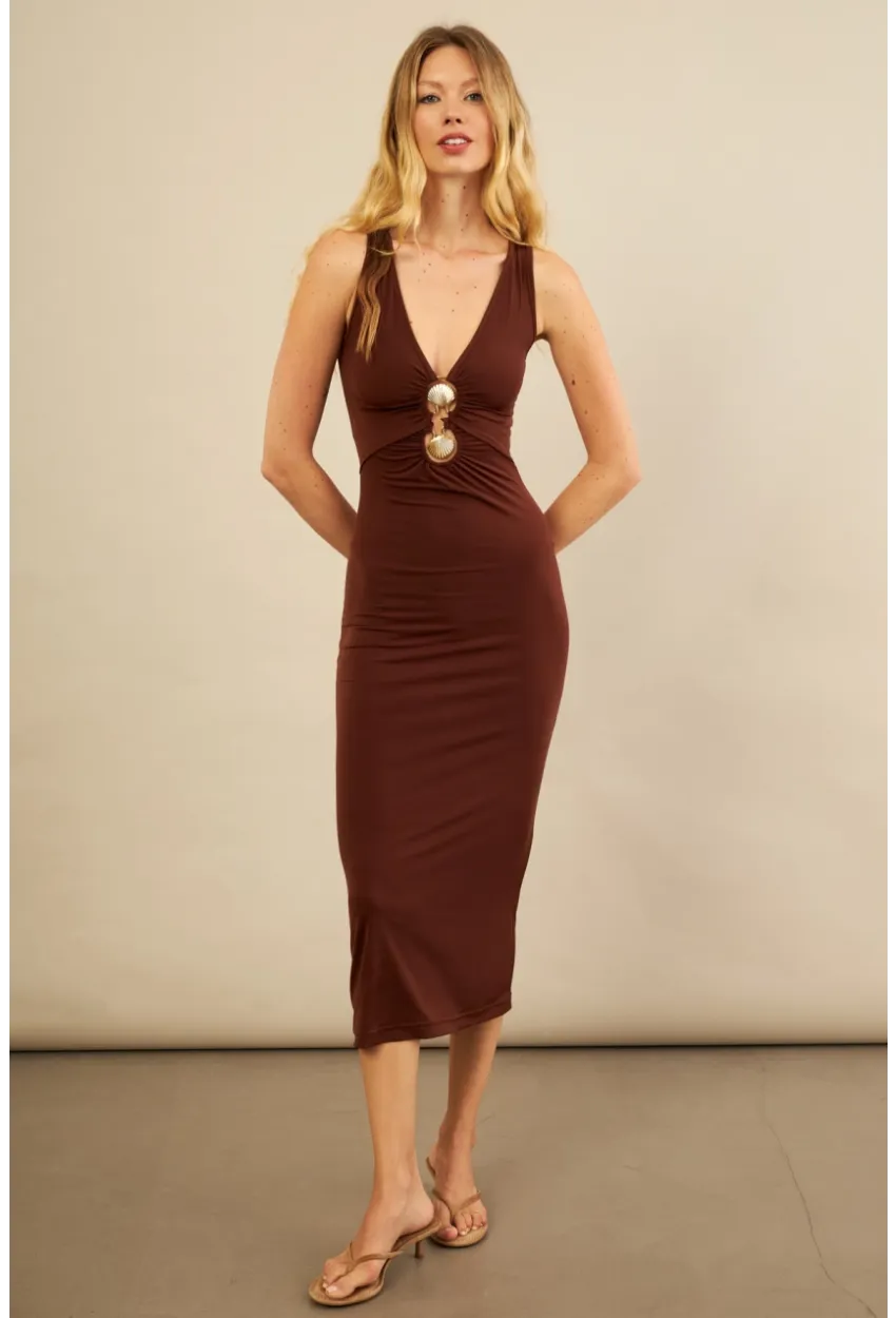 Kadın Kahverengi Toka Aksesuarlı Pencereli Midi Elbise KED7411