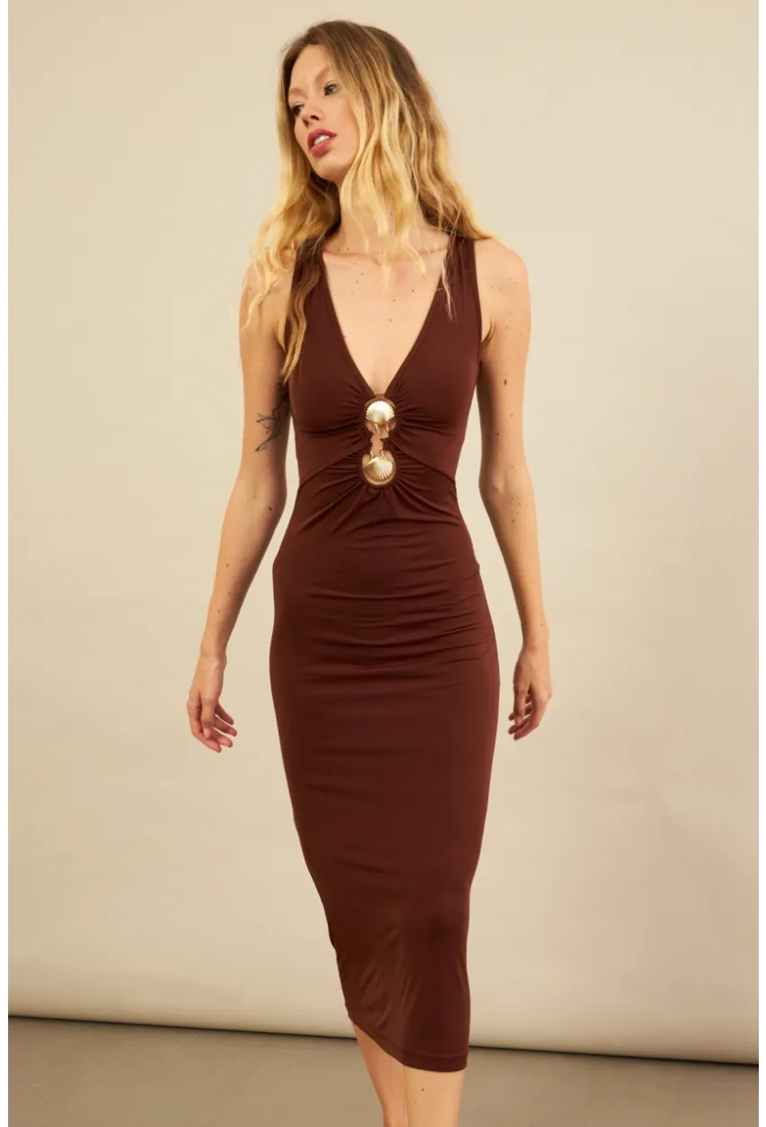 Kadın Kahverengi Toka Aksesuarlı Pencereli Midi Elbise KED7411