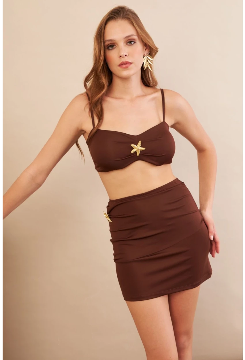 Kadın Kahverengi Yıldız Aksesuarlı Crop Etek Takım DCF054