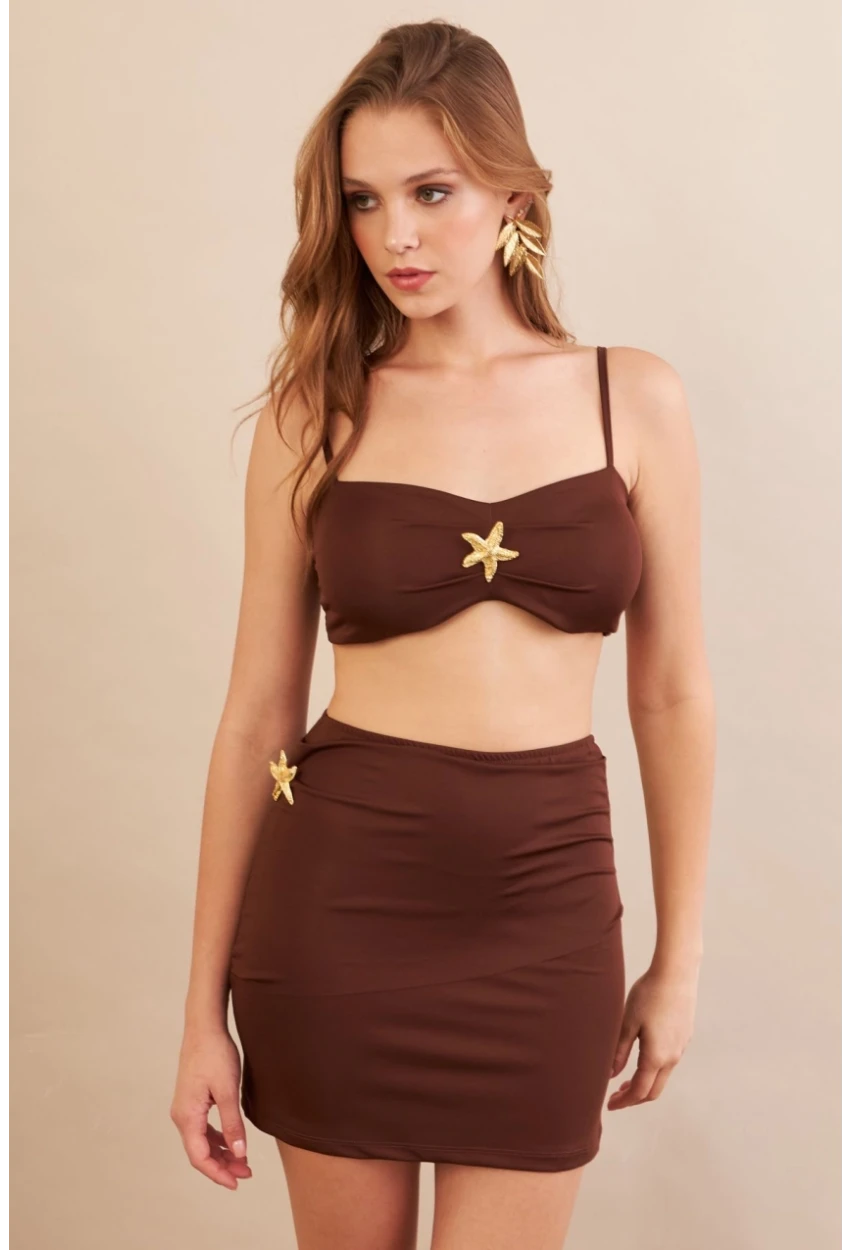 Kadın Kahverengi Yıldız Aksesuarlı Crop Etek Takım DCF054