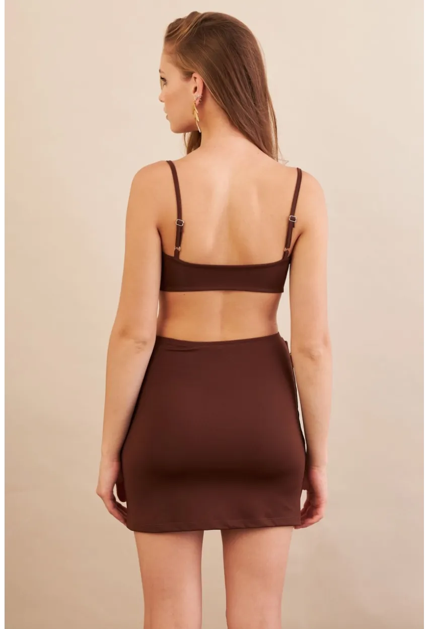 Kadın Kahverengi Yıldız Aksesuarlı Crop Etek Takım DCF054