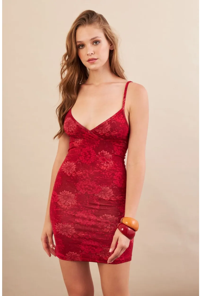 Kadın Kırmızı Askılı Çiçekli Mini Elbise LPP1129-90