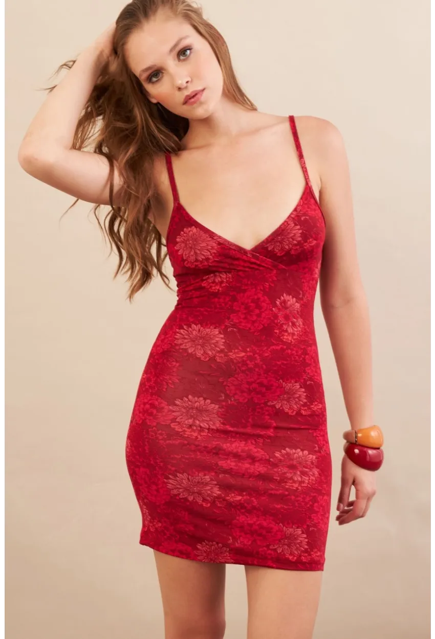 Kadın Kırmızı Askılı Çiçekli Mini Elbise LPP1129-90