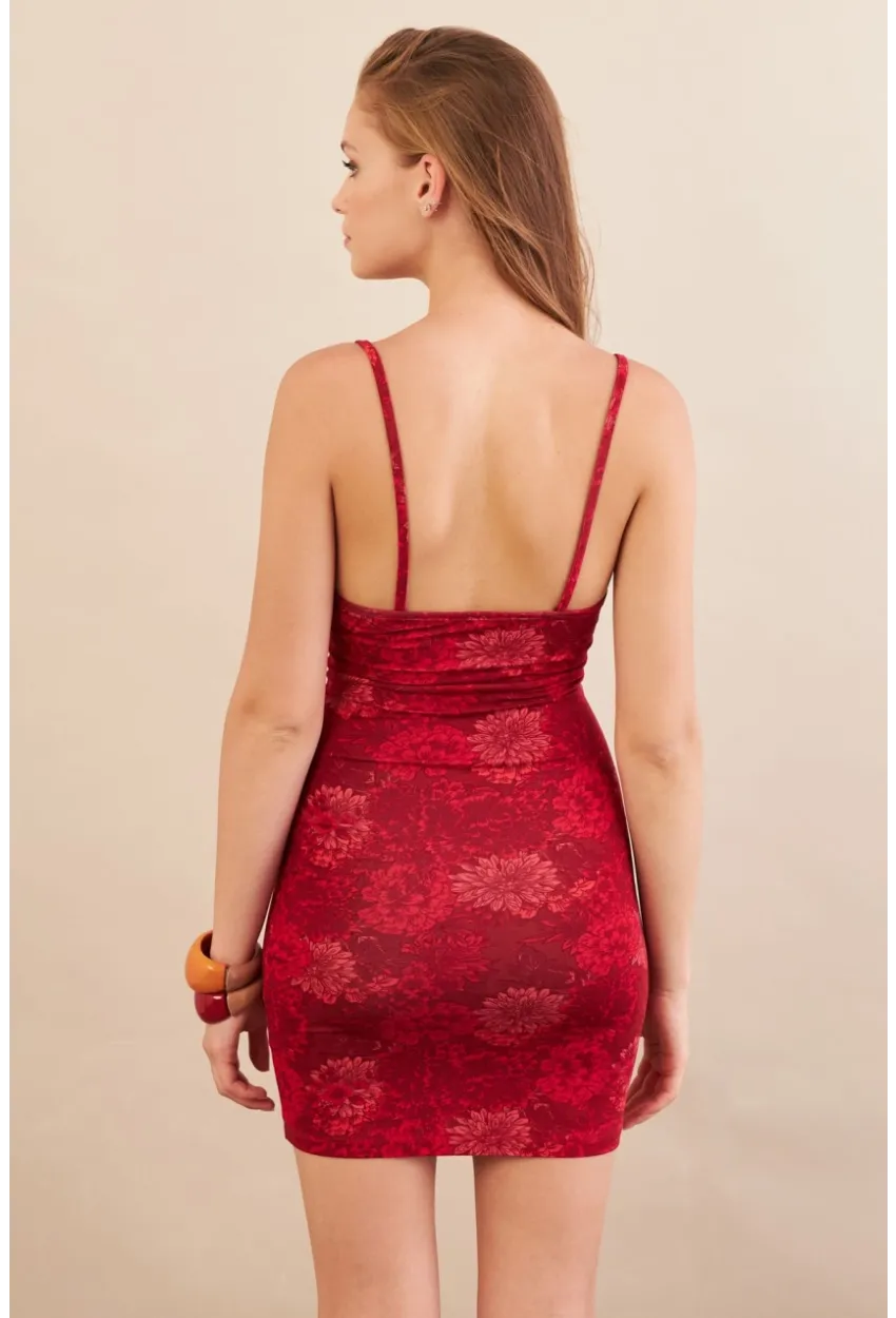 Kadın Kırmızı Askılı Çiçekli Mini Elbise LPP1129-90