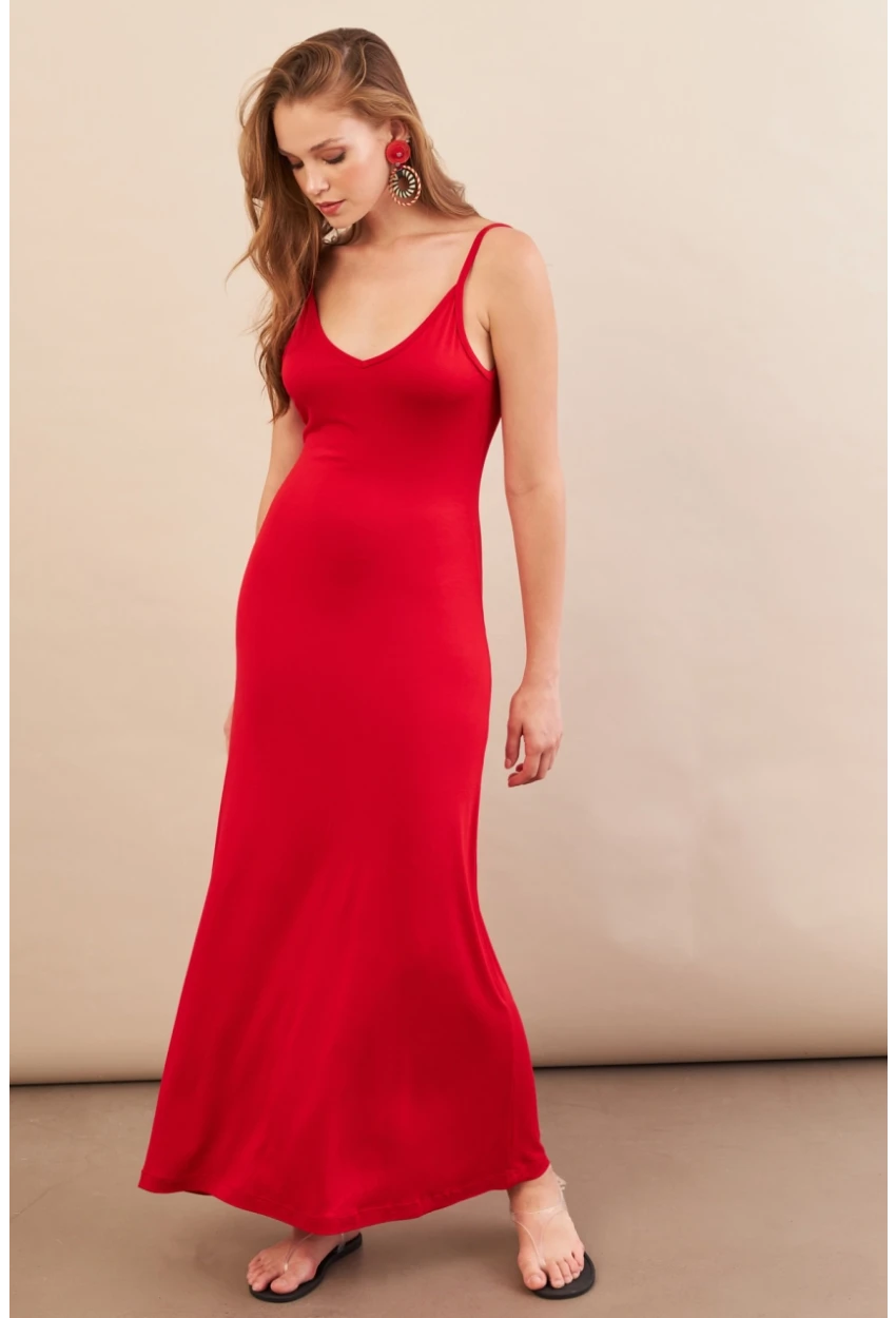 Kadın Kırmızı Ayarlanabilir Askılı Midaxi Elbise EY3115