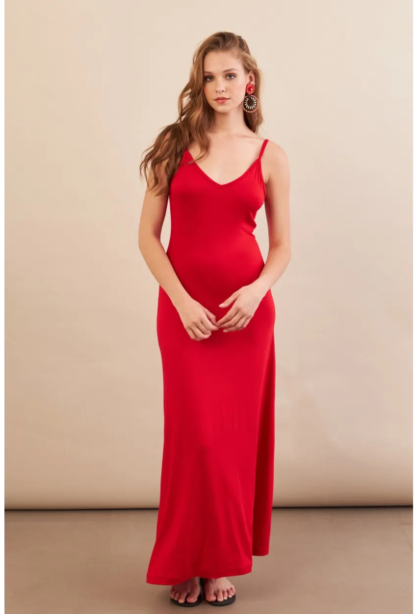 Kadın Kırmızı Ayarlanabilir Askılı Midaxi Elbise EY3115