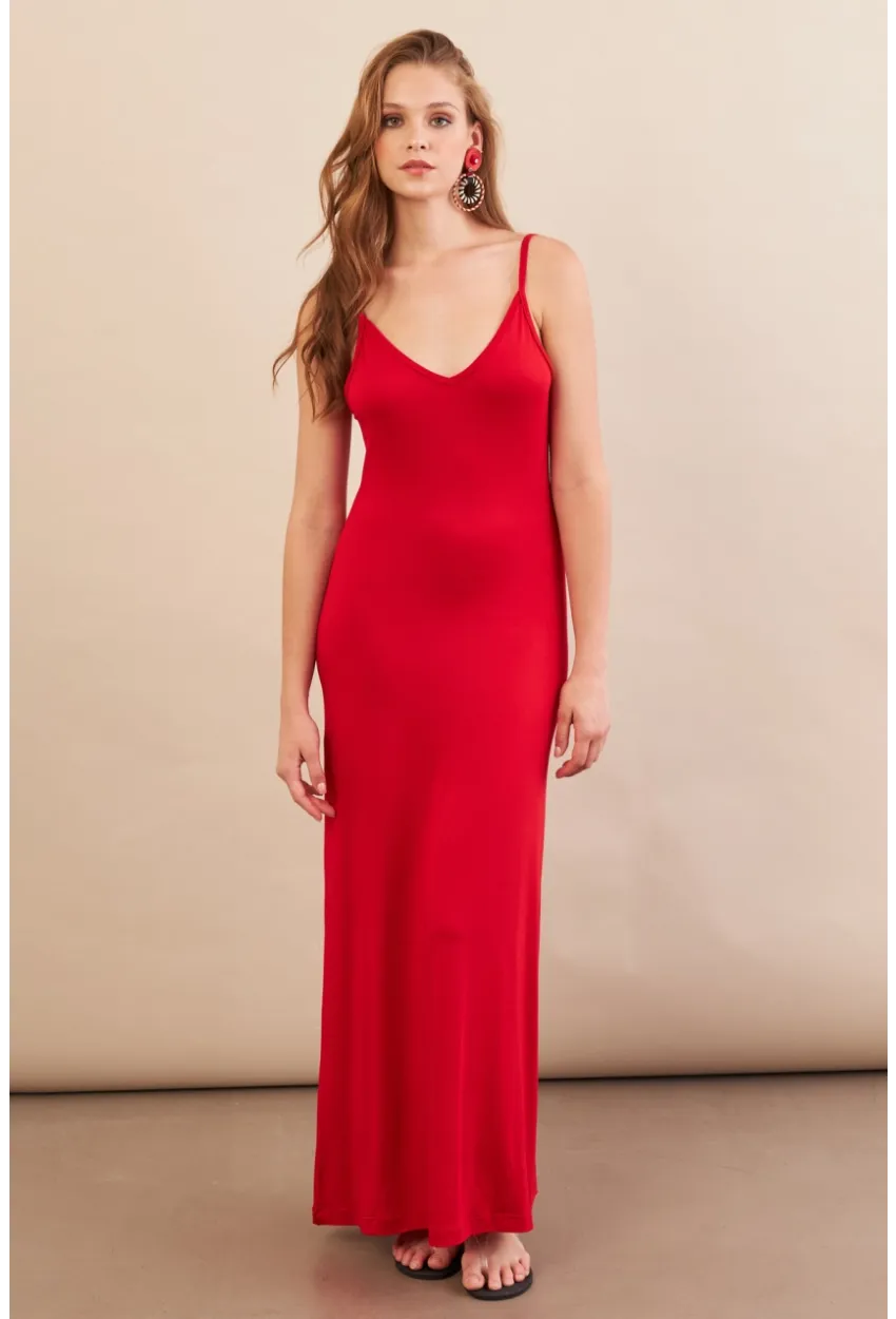 Kadın Kırmızı Ayarlanabilir Askılı Midaxi Elbise EY3115