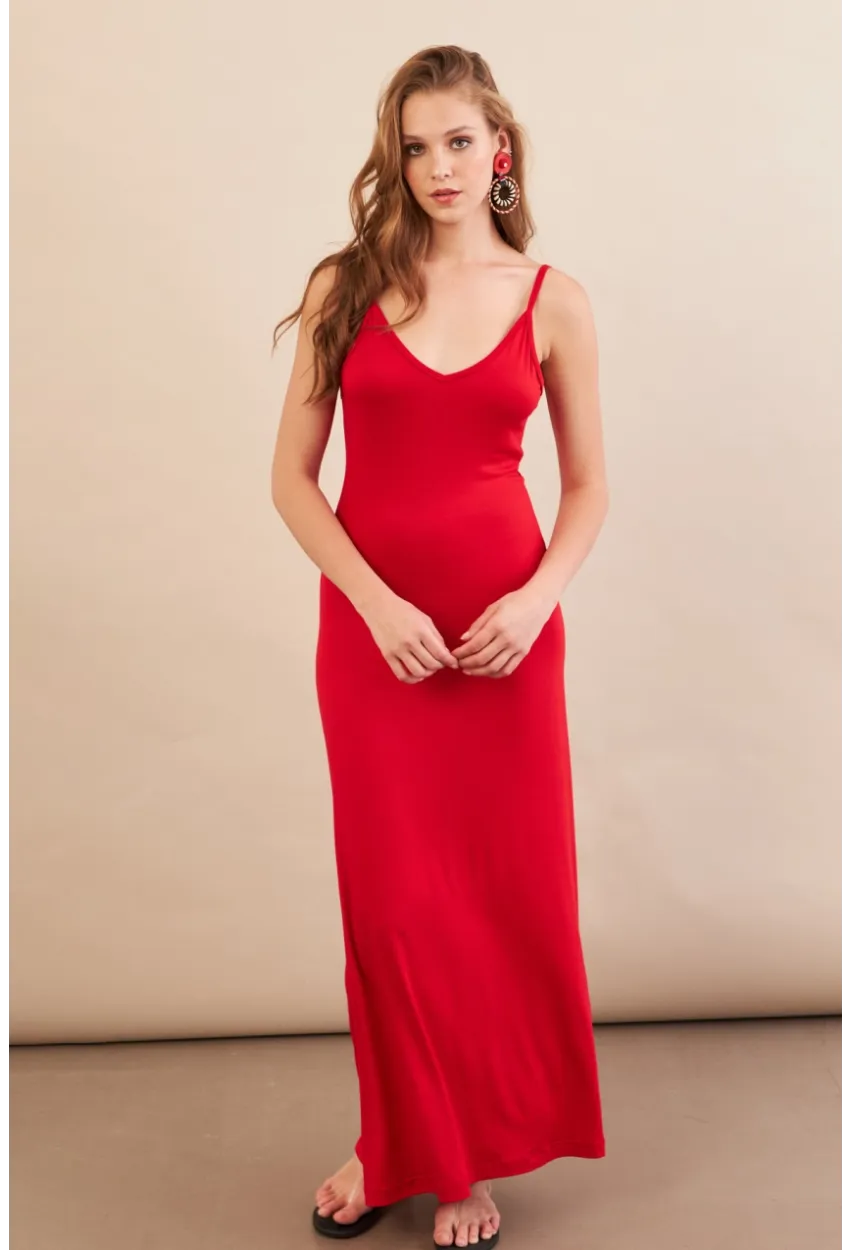 Kadın Kırmızı Ayarlanabilir Askılı Midaxi Elbise EY3115
