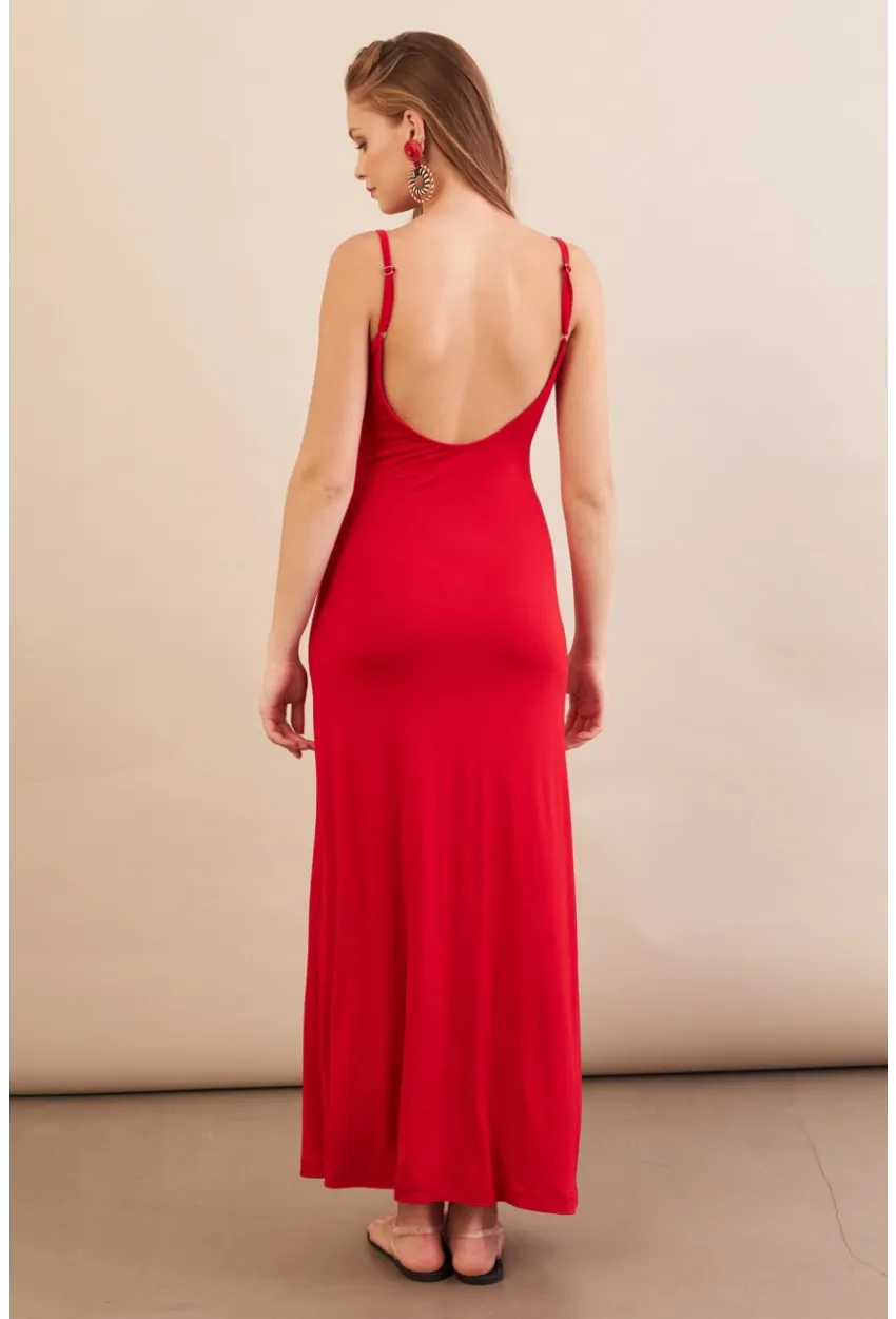 Kadın Kırmızı Ayarlanabilir Askılı Midaxi Elbise EY3115